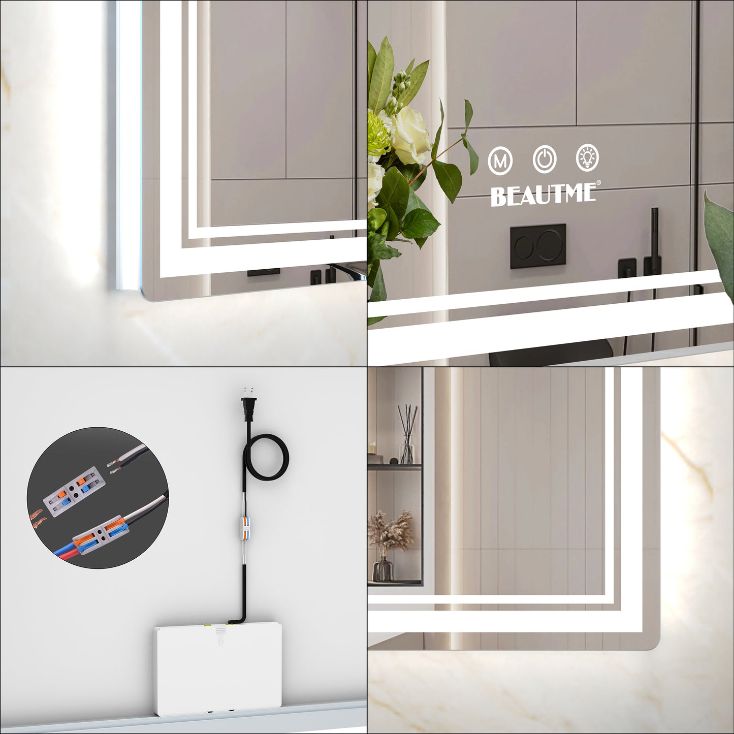 Modern LED bathroom mirror with integrated lighting touch controls and elegant frame