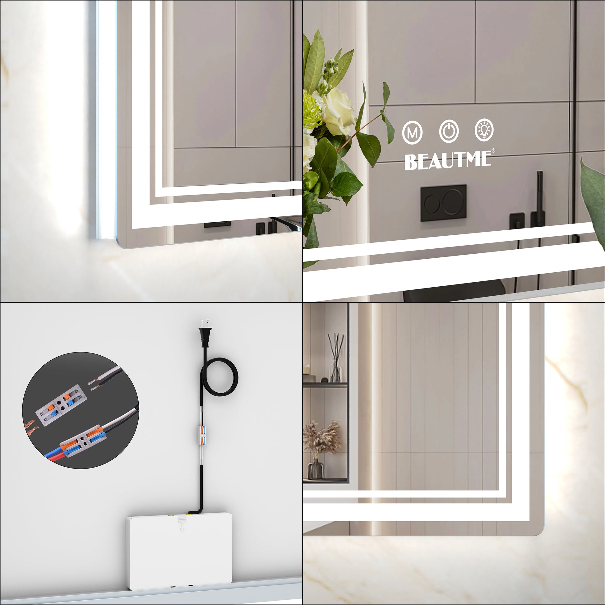 Modern LED bathroom mirror with integrated lighting touch controls and elegant frame