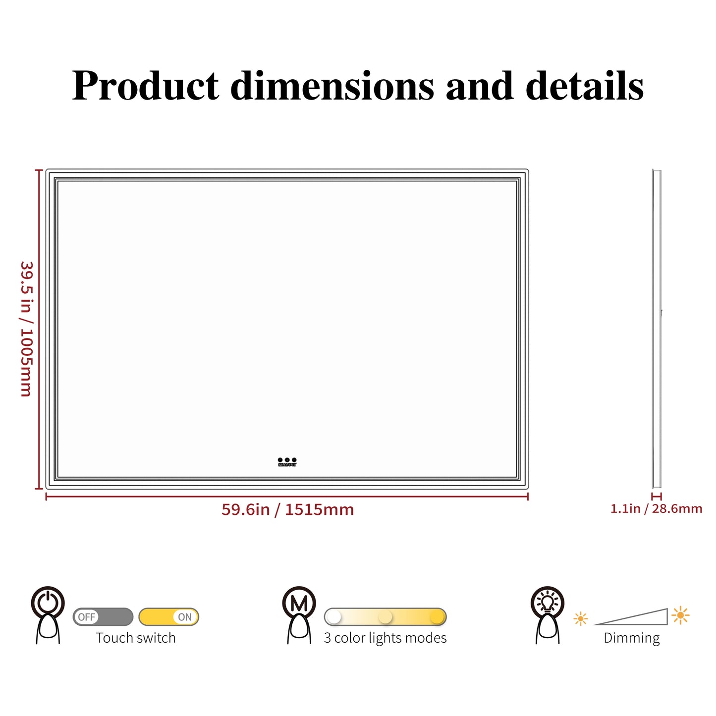 Bathroom vanity mirror dimensions in W x in H x in D