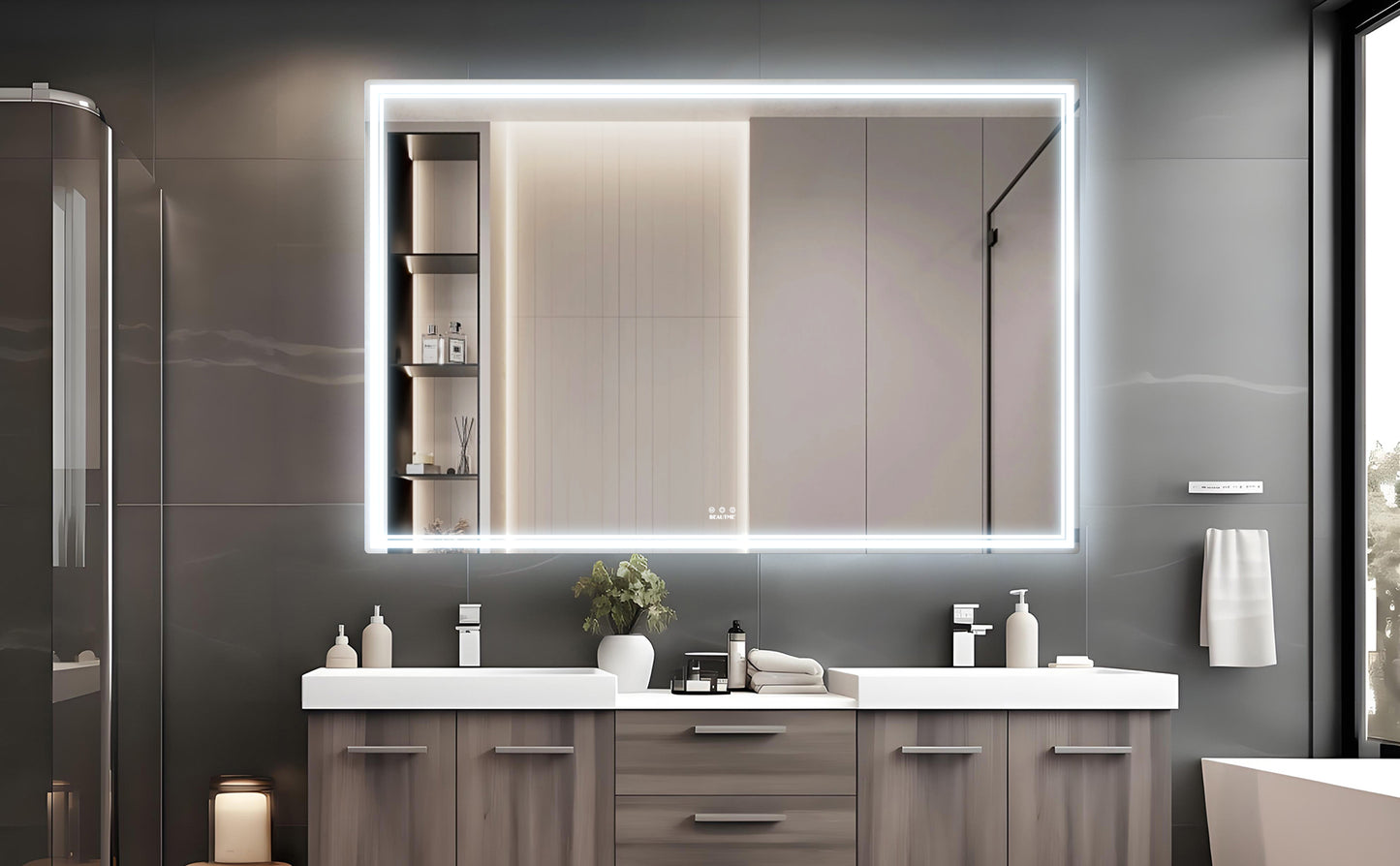 Illuminated bathroom mirror with integrated storage shelves and modern design