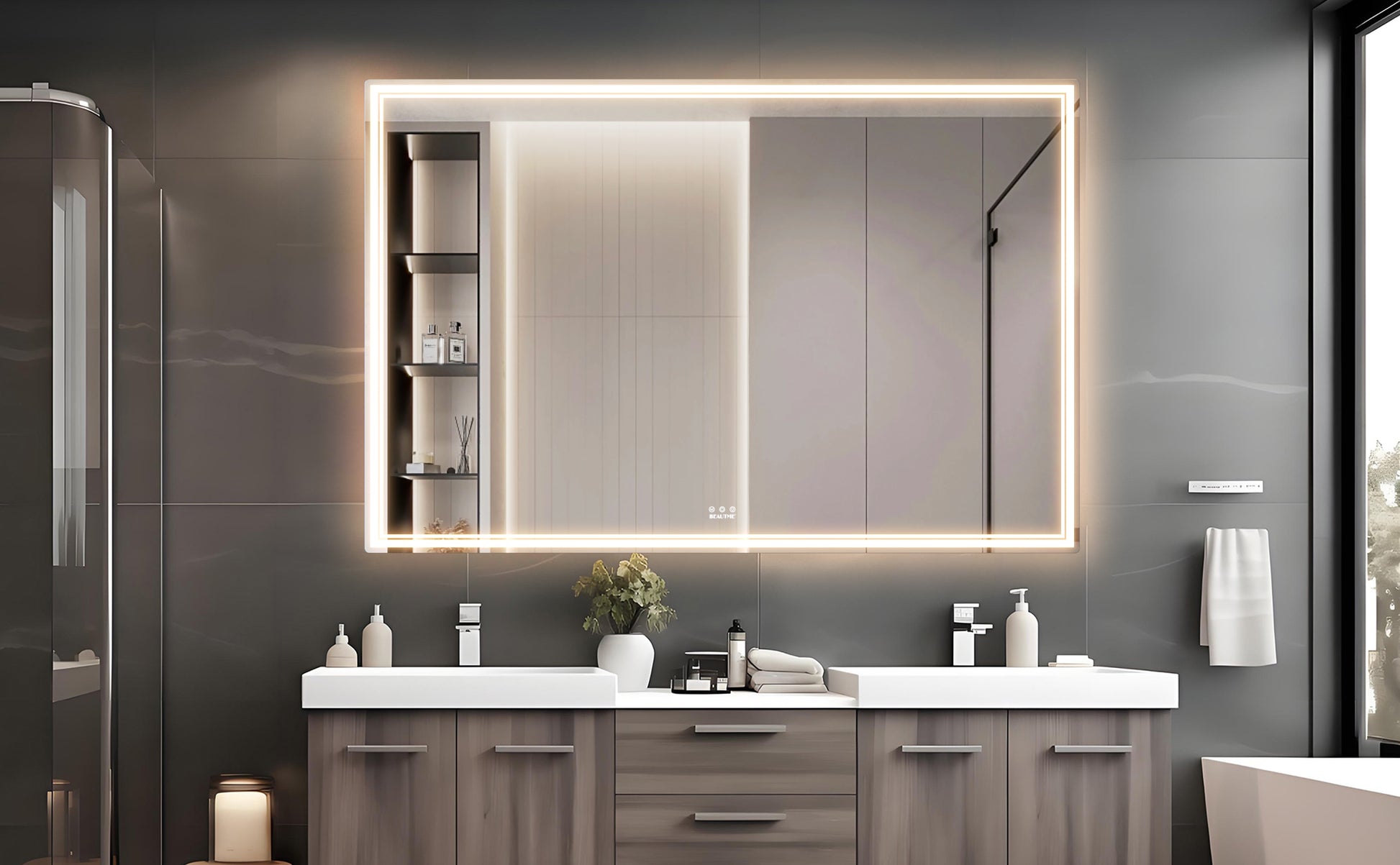 Modern bathroom vanity with integrated LED lighted mirror and dual sinks
