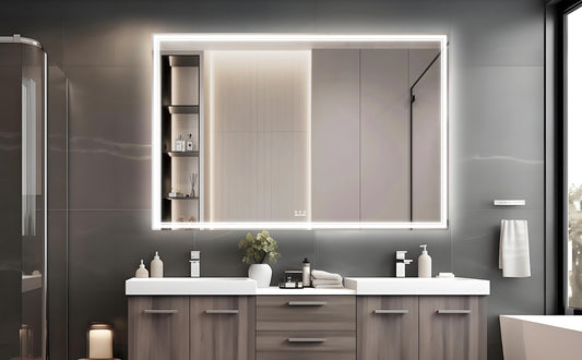Modern bathroom vanity with integrated LED lighting on a large rectangular mirror