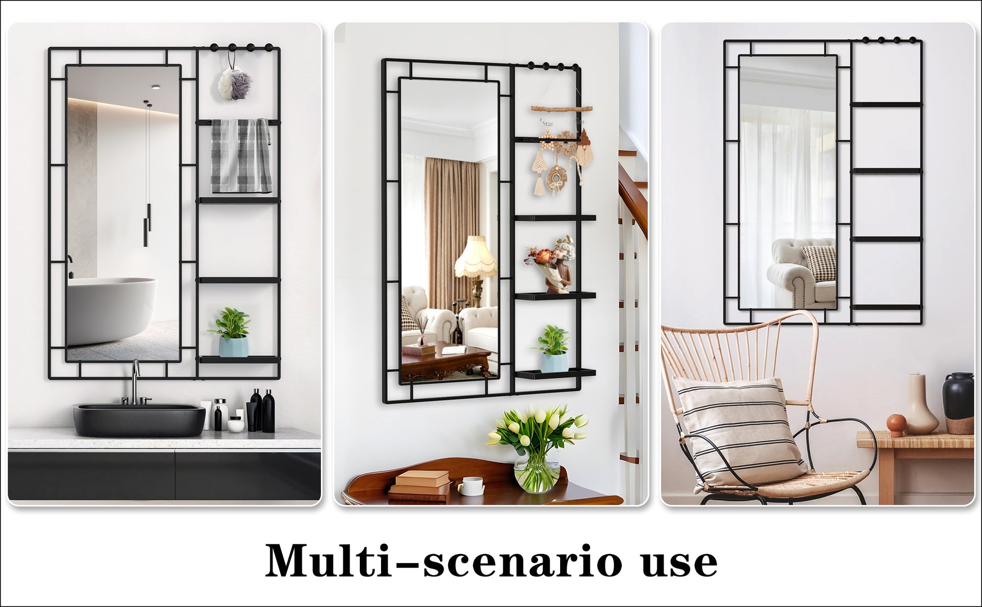 Black metal wall mirror with shelves and towel bar ideal for bathroom organization