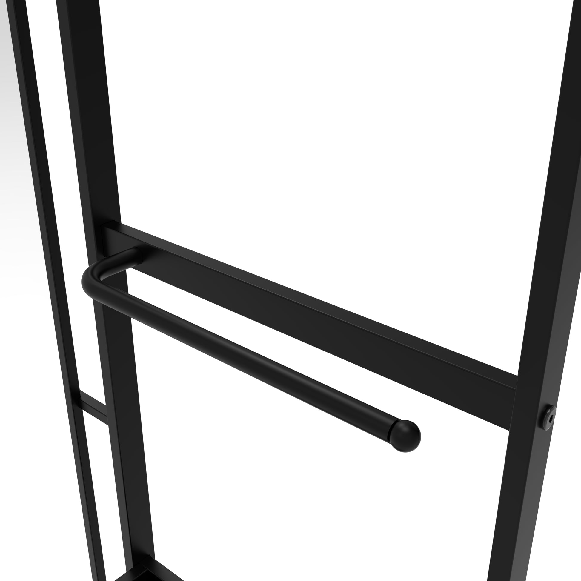 Black metal valet stand with a rounded handle for clothes
