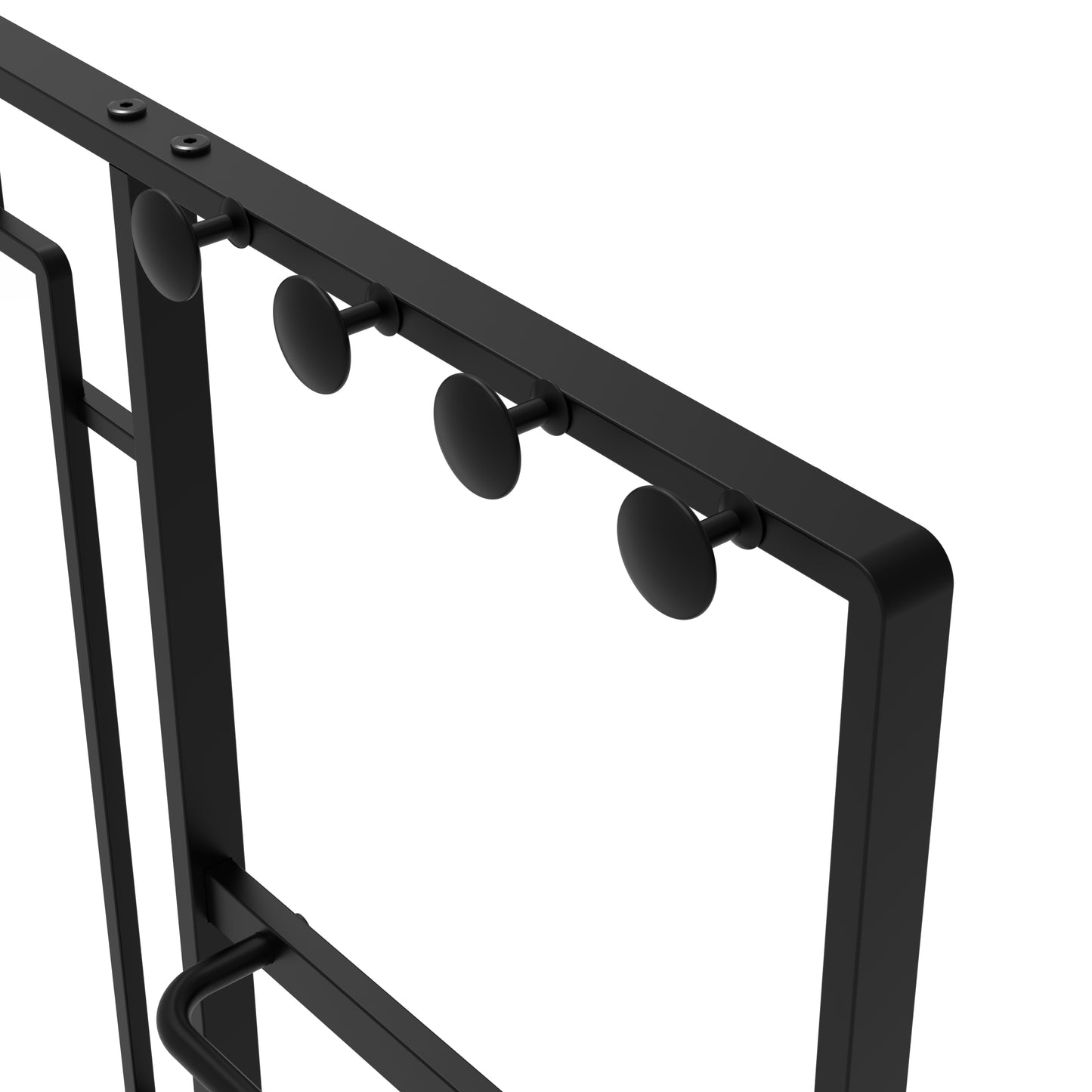 Black metal hat rack with four circular hooks and secure screw assembly