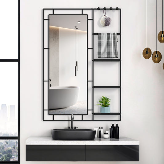Modern black metal framed bathroom mirror with integrated shelves and bath accessories