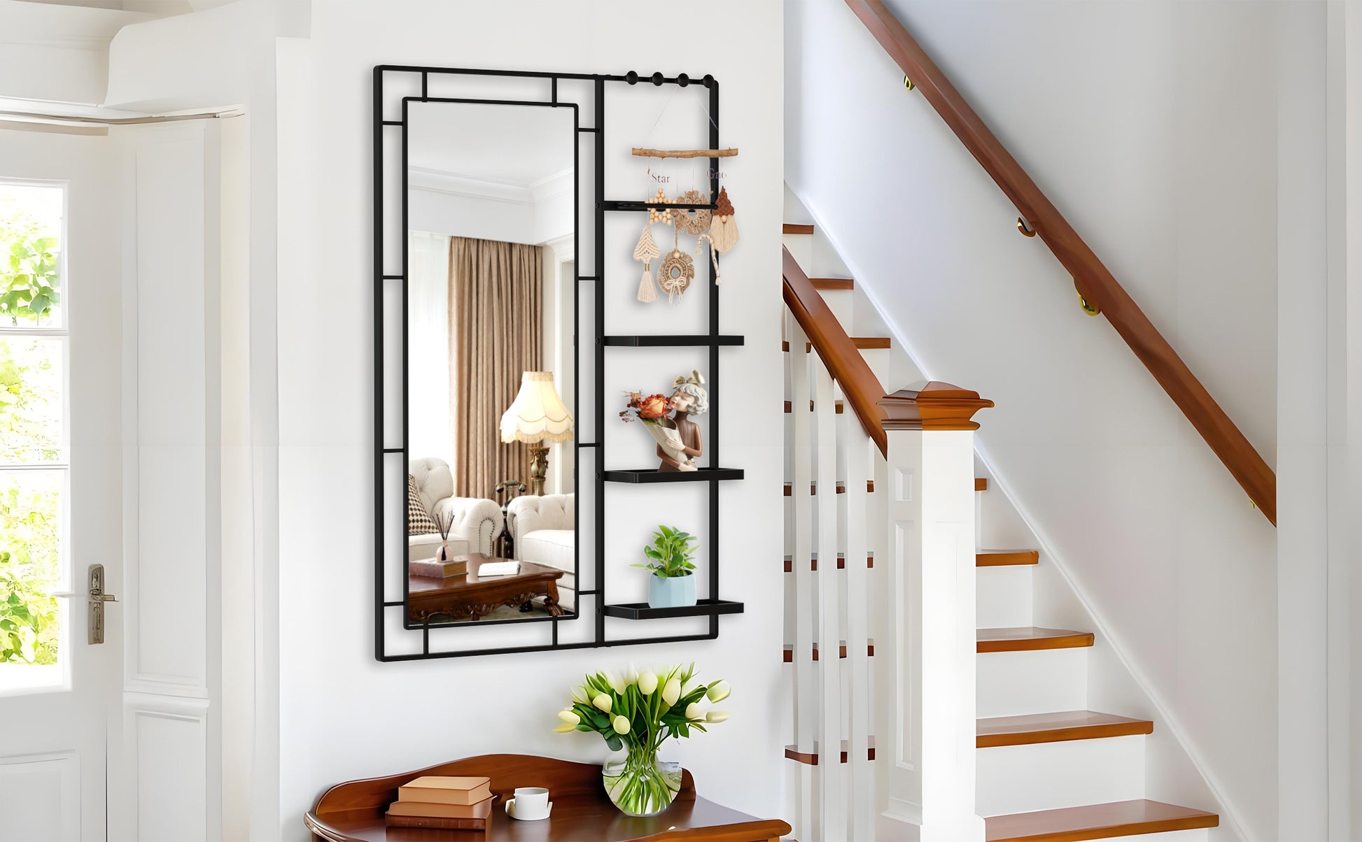 Black metal wall mirror with integrated shelves and macrame decor