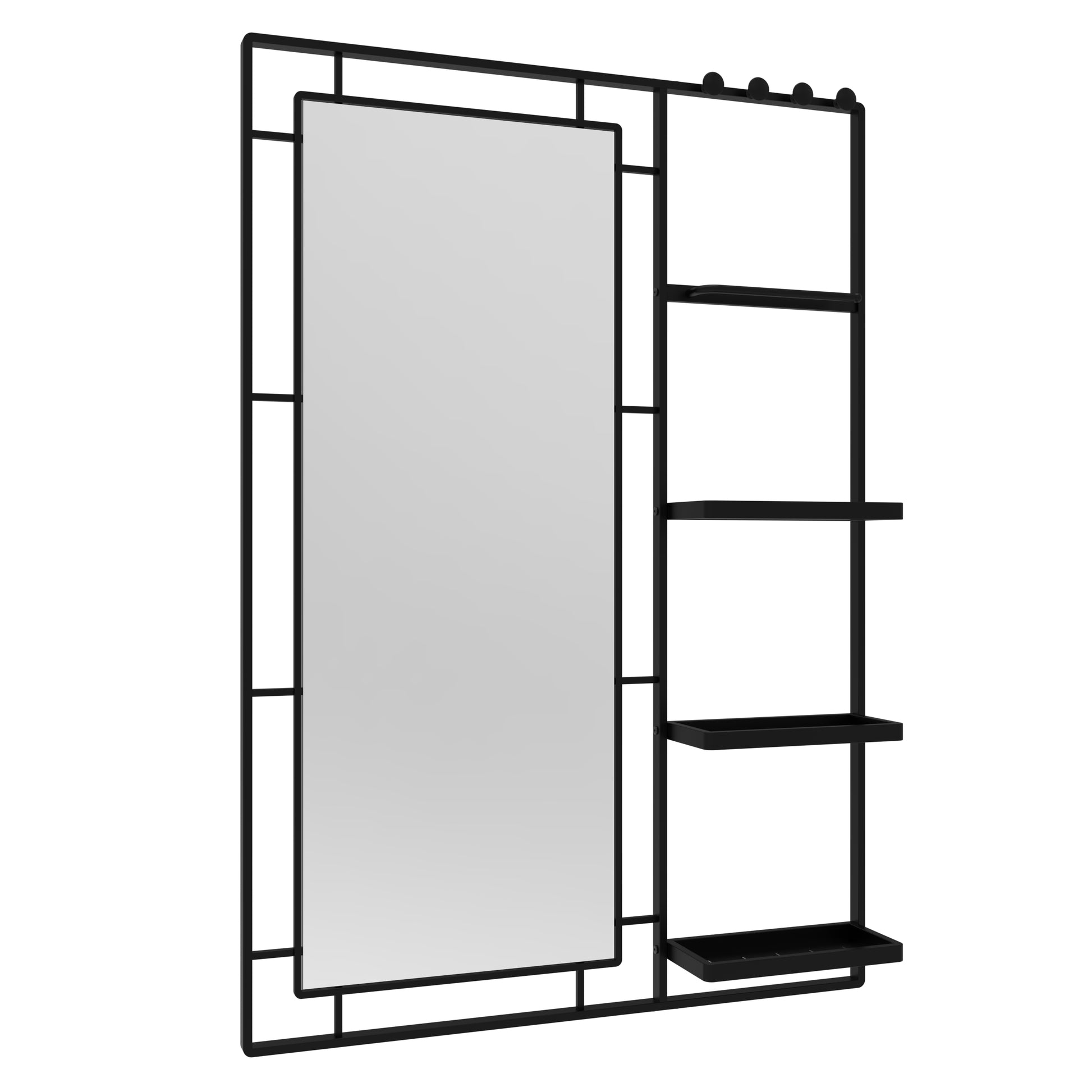 Black metal wall mirror with integrated storage shelves and hooks