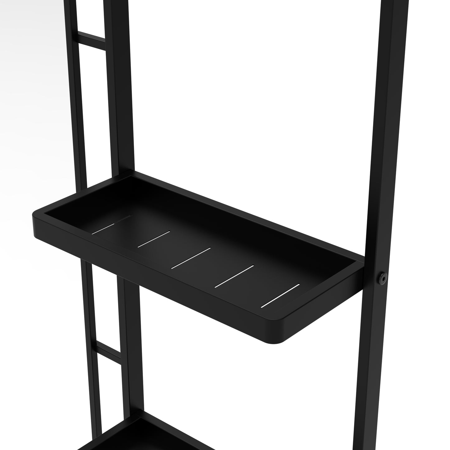 Black metal shelf with slatted surface perfect for modern bathroom storage