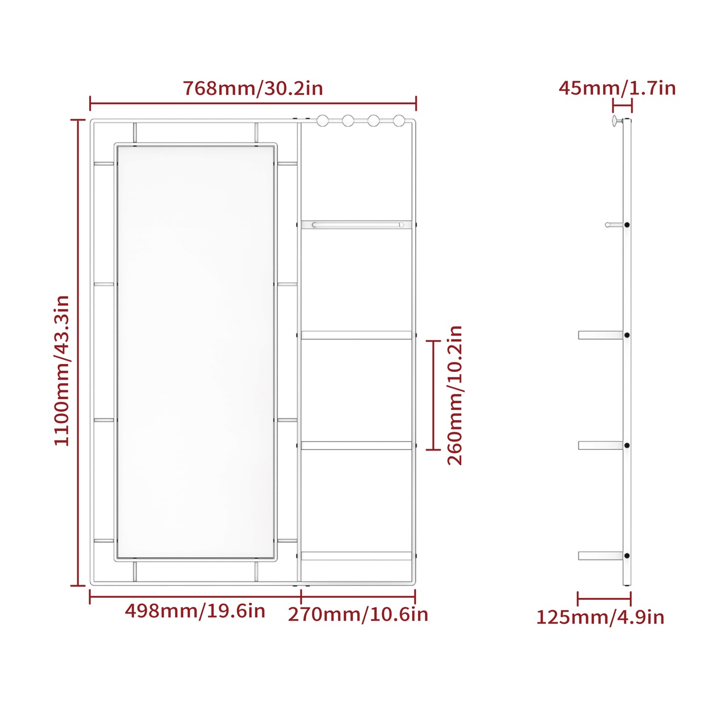 Line drawing of a wallmounted vanity mirror with integrated shelves and dimensions