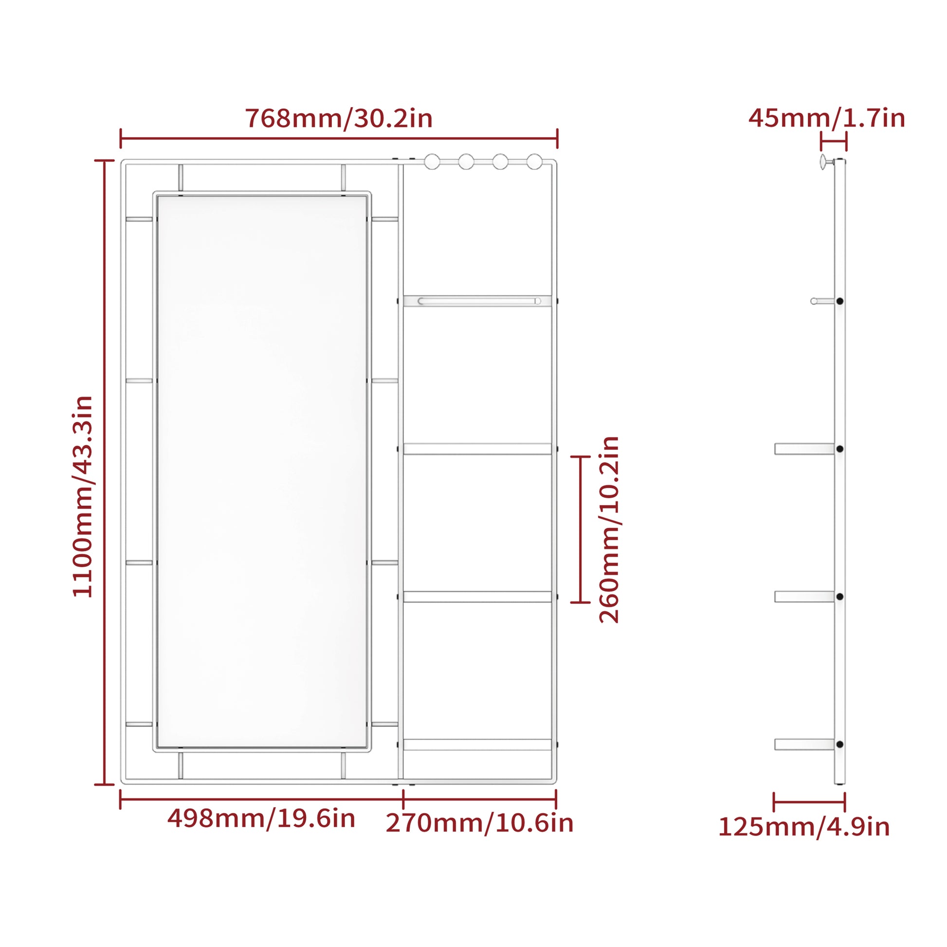 Line drawing of a wallmounted vanity mirror with integrated shelves and dimensions