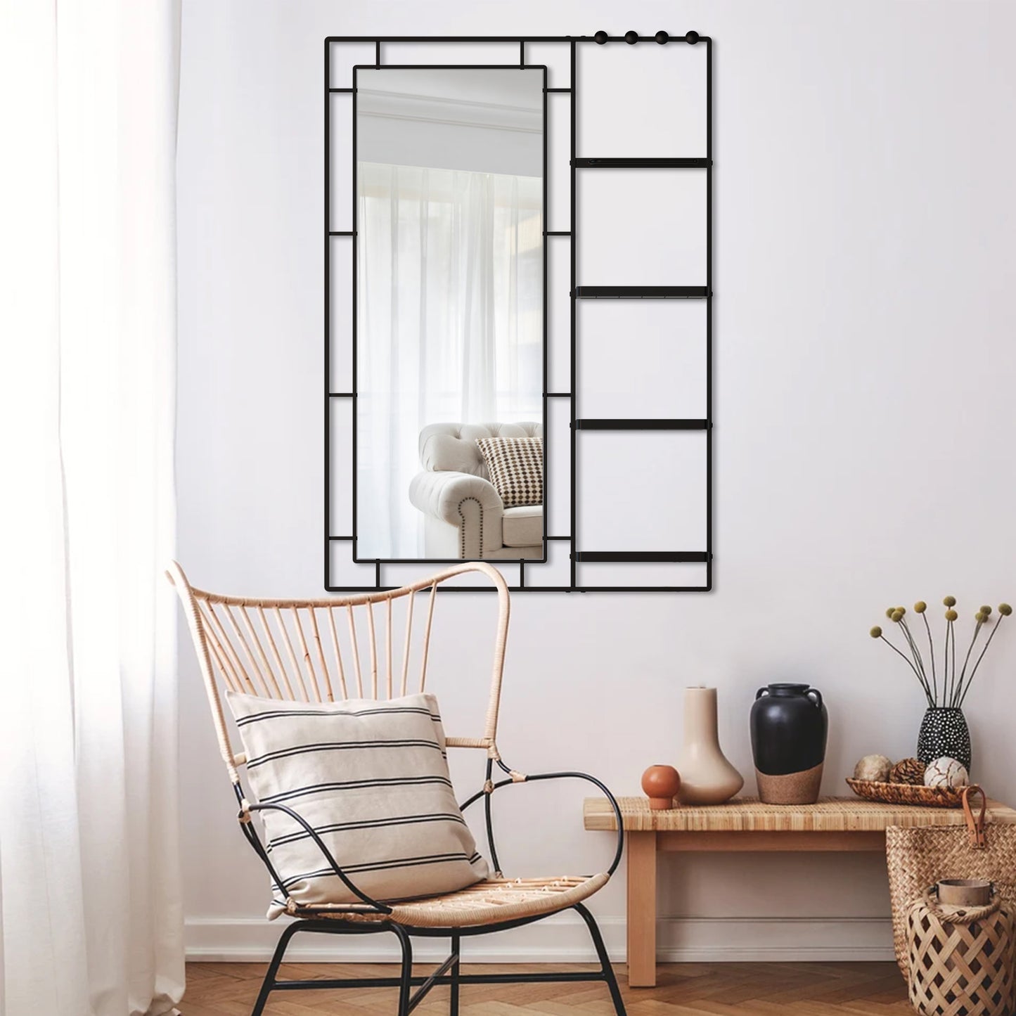 Modern black metal wall mirror with geometric design a stylish accent for any entryway decor