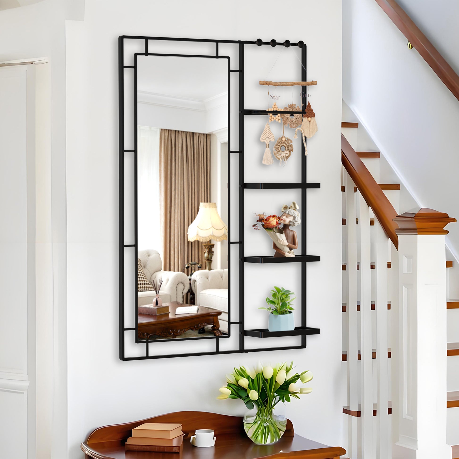 Black metal geometric wall mirror with integrated shelves displaying decorative items and plants