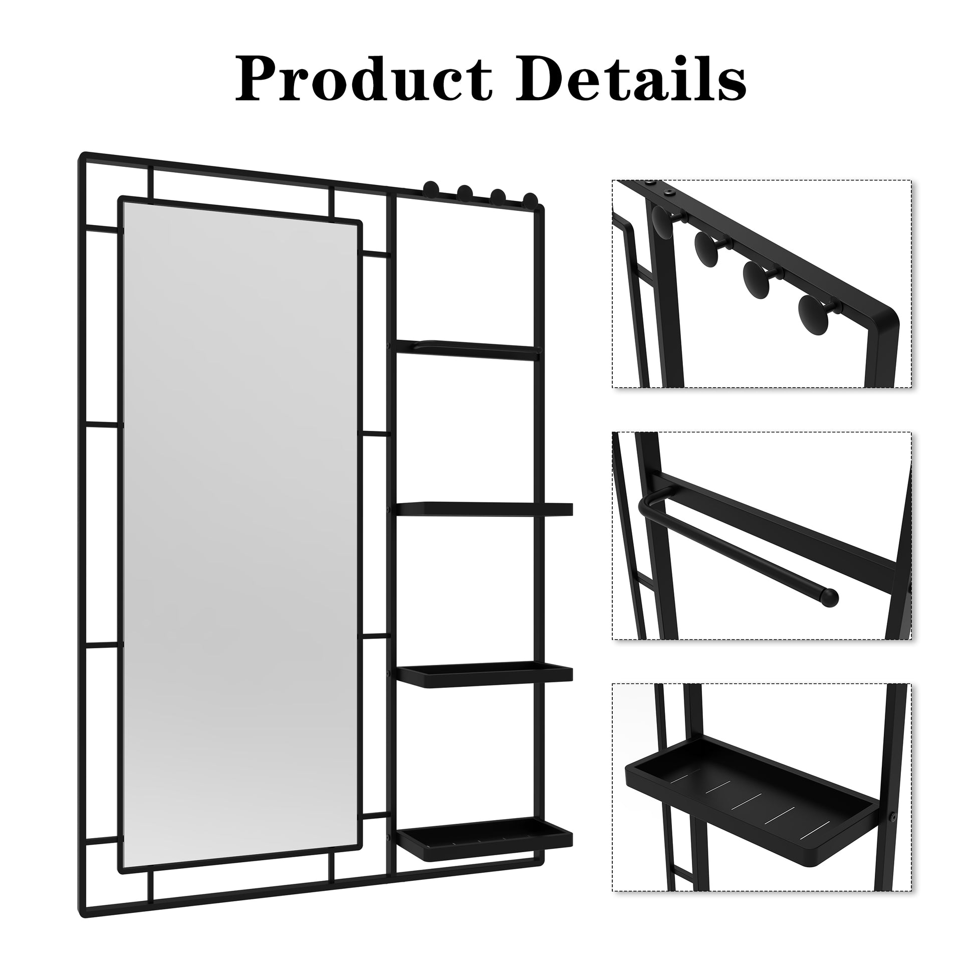 Modern black metal wall mirror with shelves and hooks for entryway organization