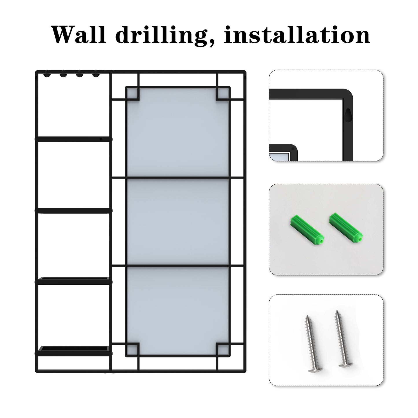 Black metal wall shelf with  compartments and included screws for secure installation