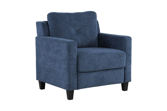 Navy blue upholstered accent chair with tufted back and clean lines