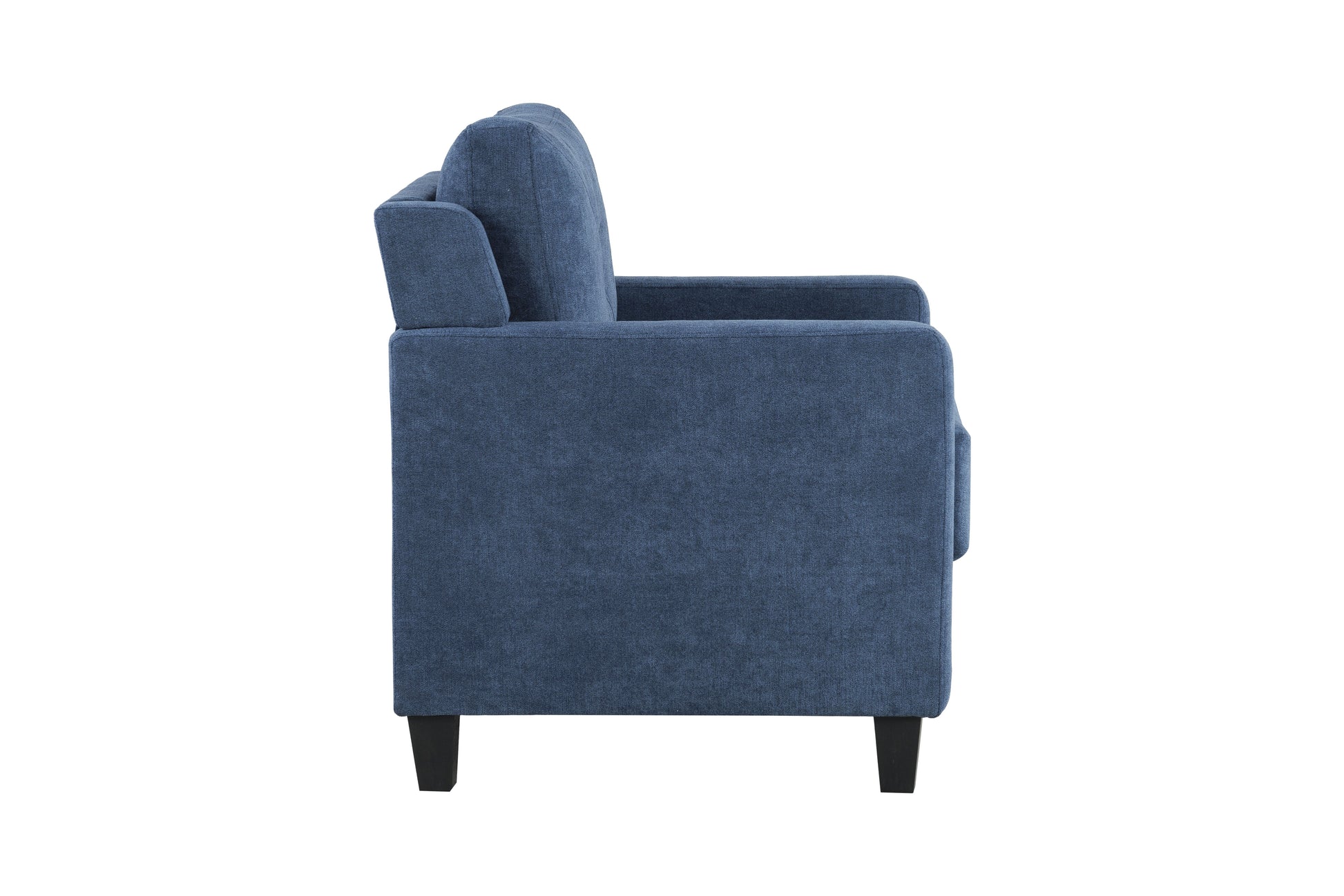 Side view of a blue fabric sofa with plush cushions and dark wooden legs