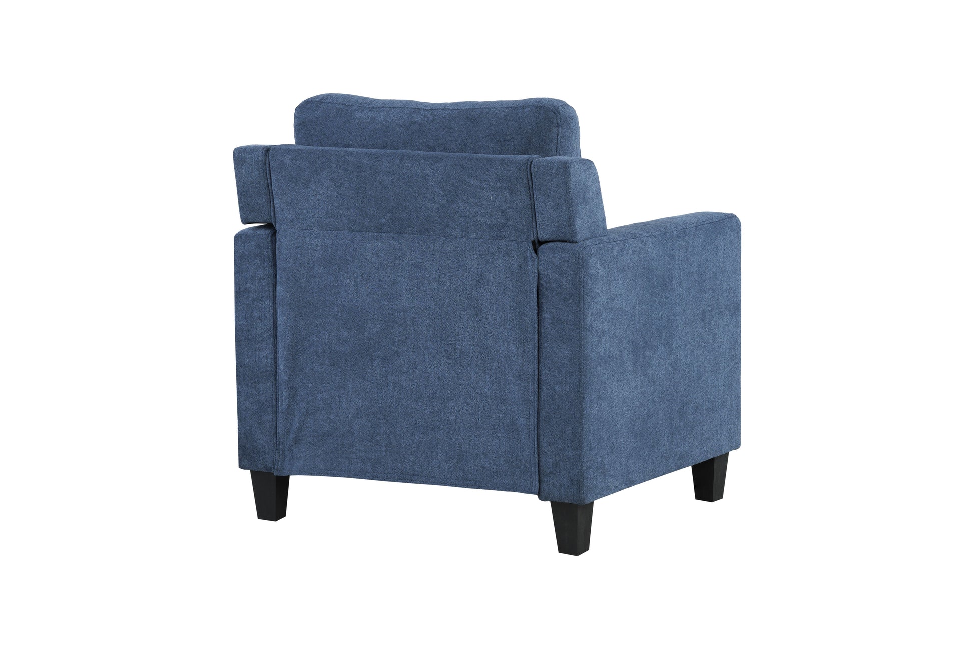 Back view of a plush blue fabric accent chair with square arms and dark wooden legs