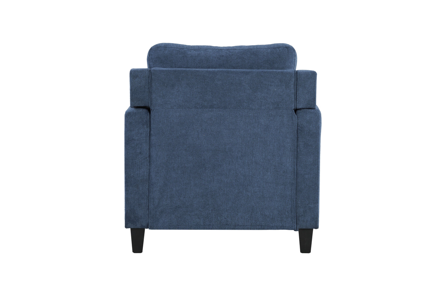Back view of a plush navy blue fabric armchair with tapered black legs