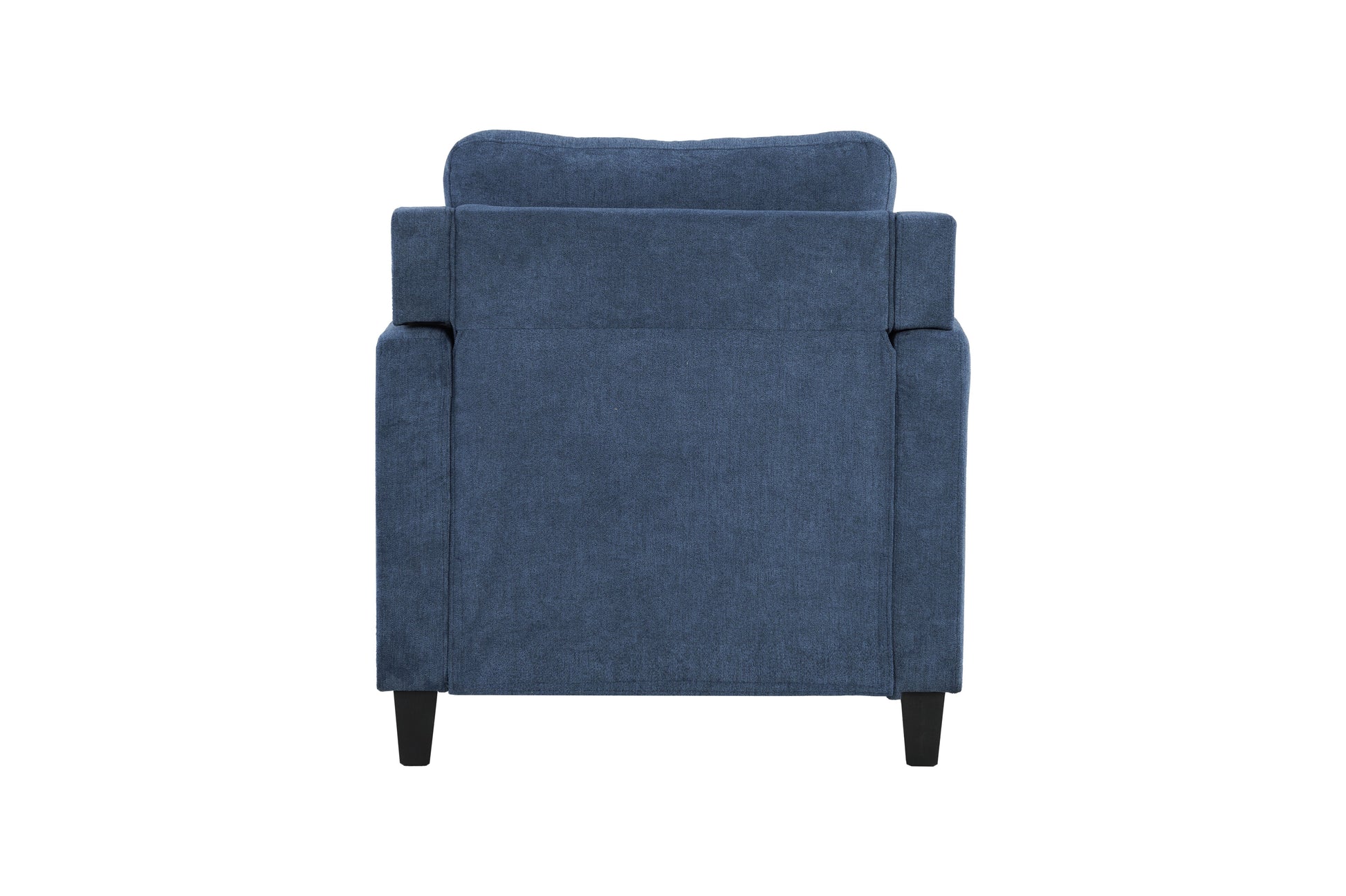 Back view of a plush navy blue fabric armchair with tapered black legs