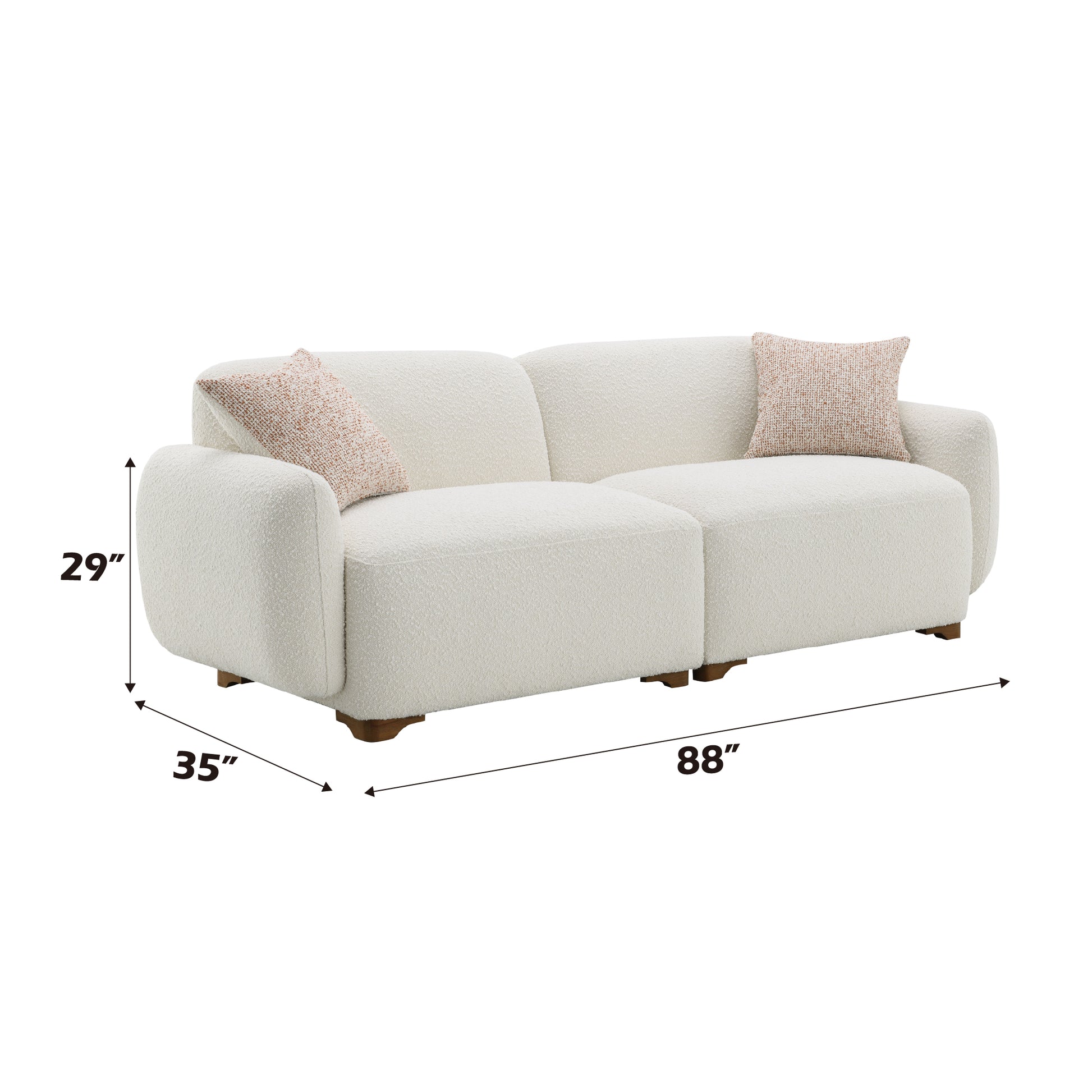 Cream boucle sofa with angled wooden legs  inches wide and  inches deep