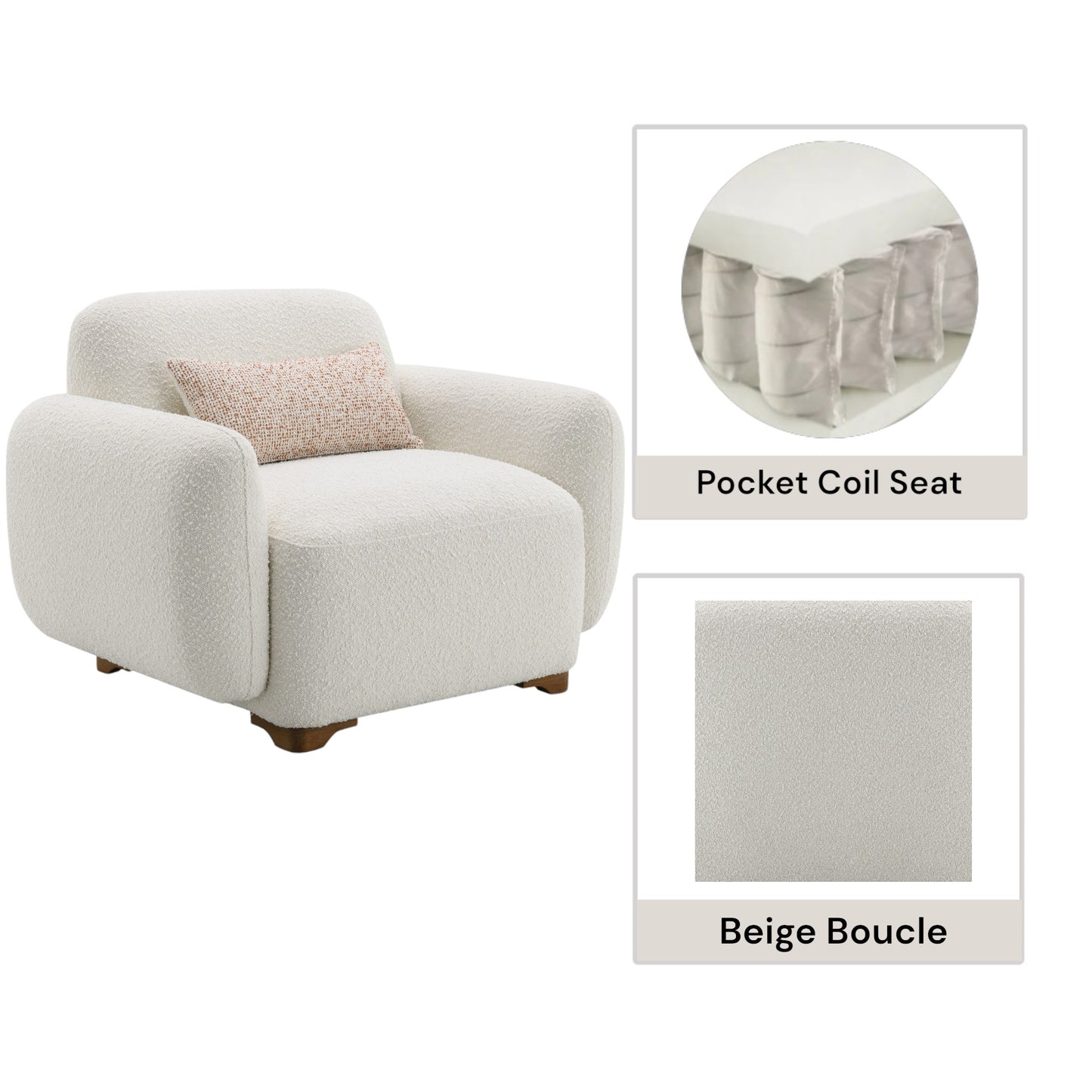 Plush cream boucle armchair with rounded arms and a decorative cushion featuring pocket coil seat