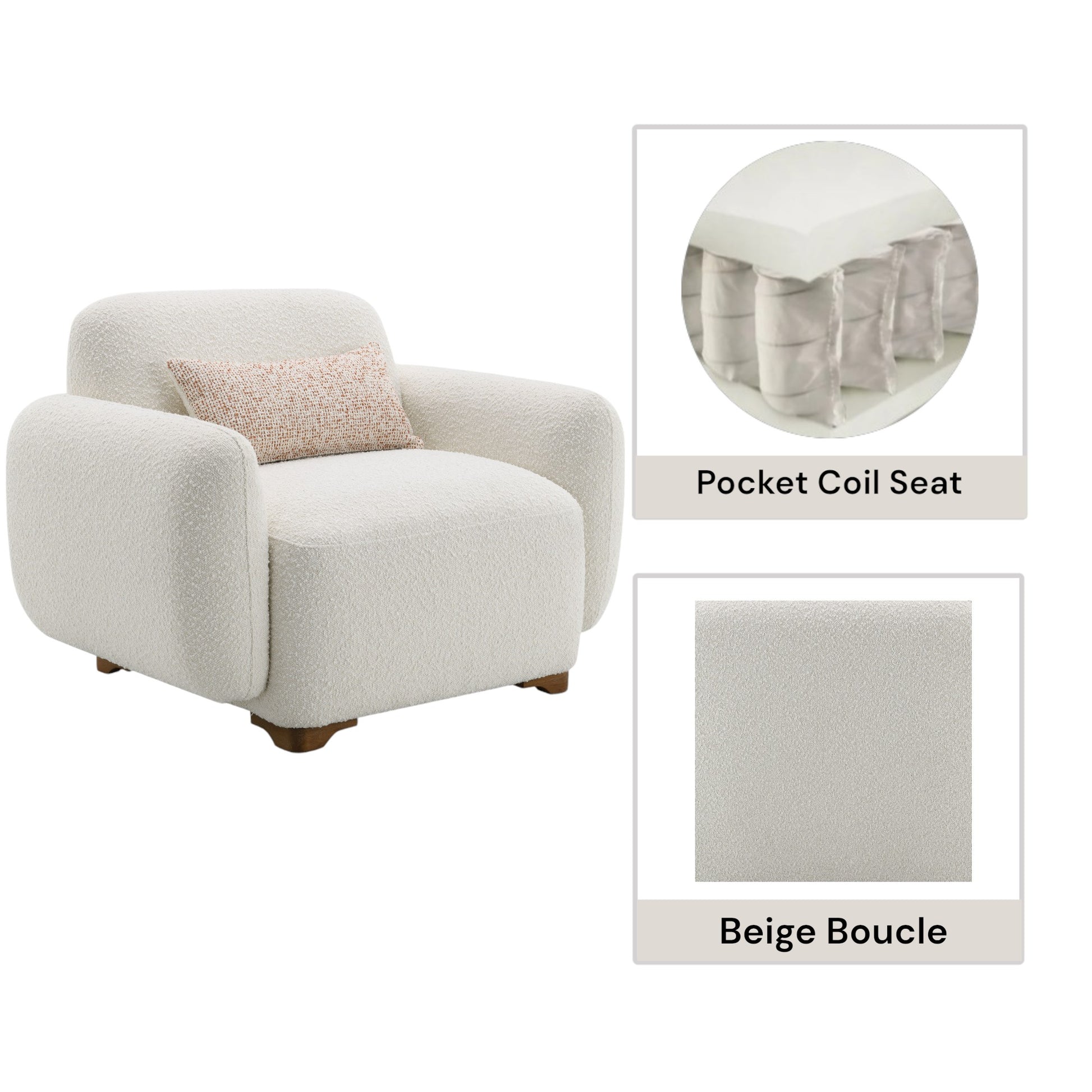 Plush cream boucle armchair with rounded arms and a decorative cushion featuring pocket coil seat