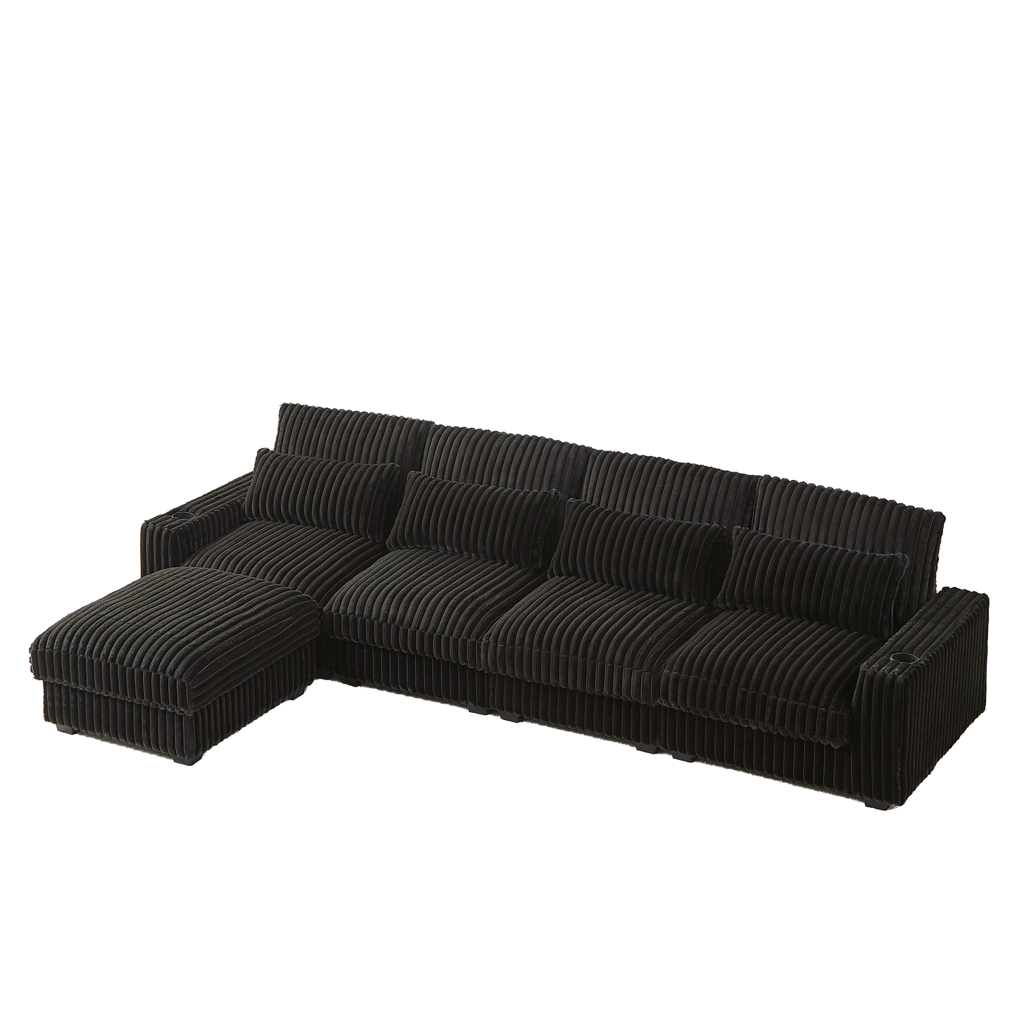 Dark charcoal corduroy sectional sofa with ottoman and plush cushions