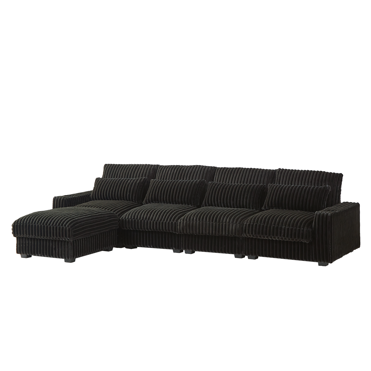Dark brown corduroy sectional sofa with plush cushions and a matching ottoman