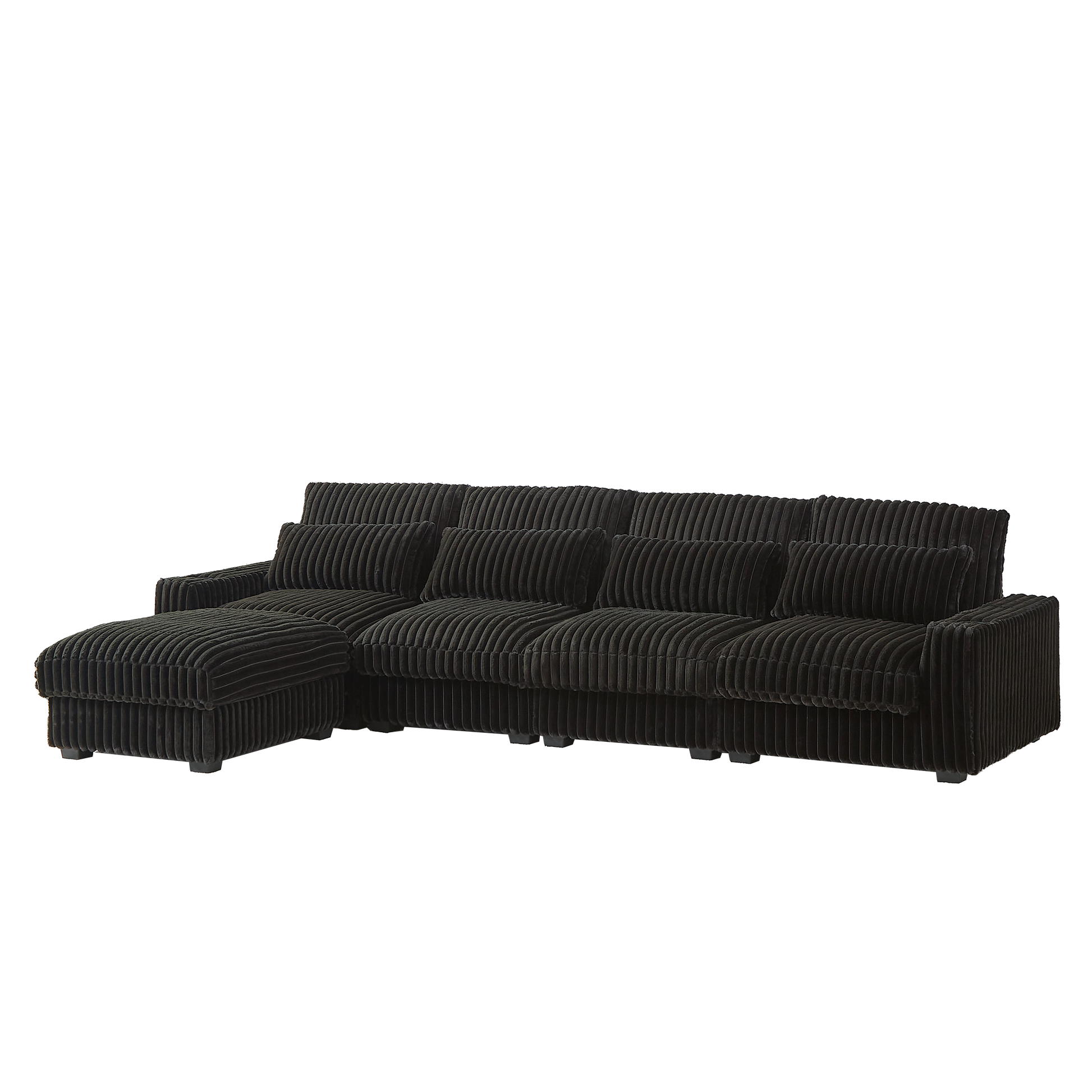 Dark brown corduroy sectional sofa with plush cushions and a matching ottoman