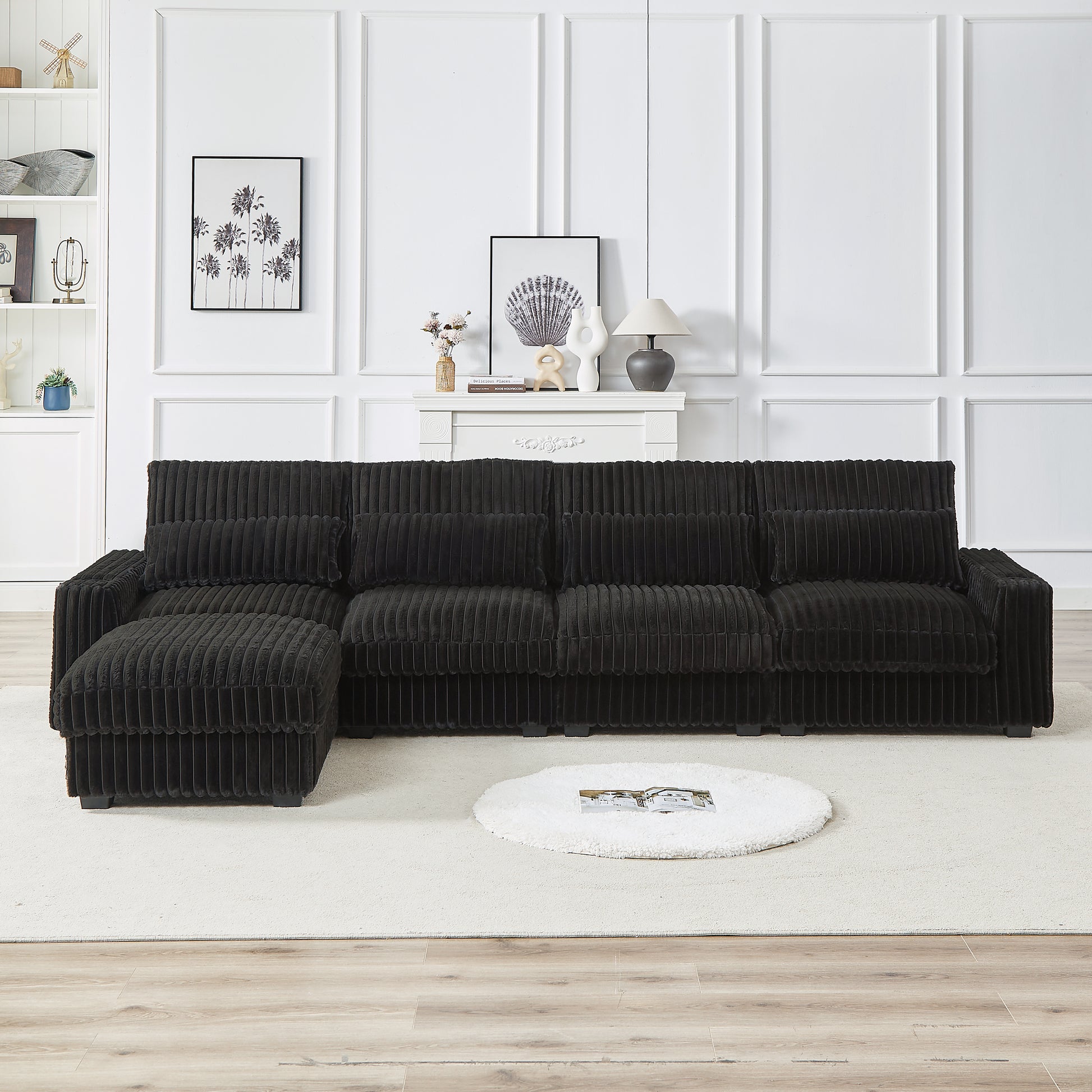 Black corduroy sectional sofa with ottoman plush living room furniture