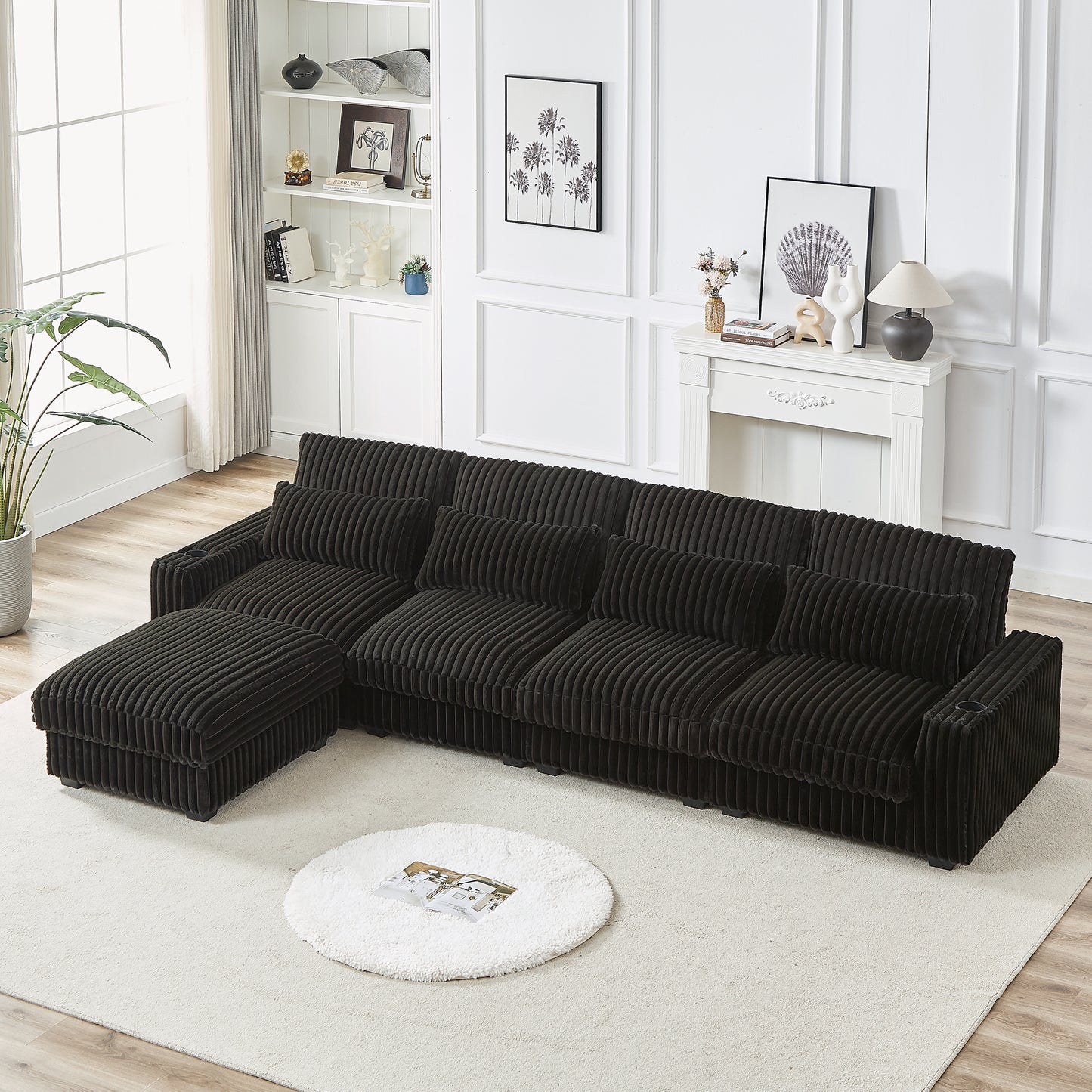 Dark gray corduroy sectional sofa with an ottoman plush cushions and modern design