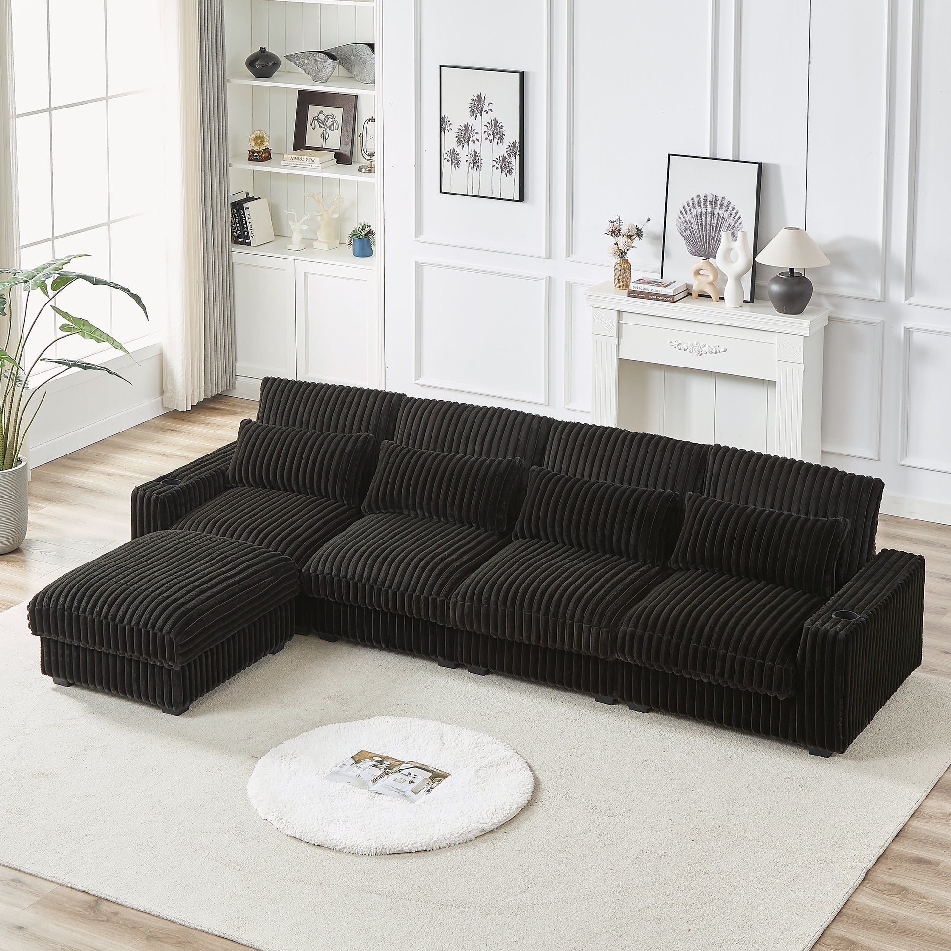 Dark gray corduroy sectional sofa with an ottoman plush cushions and modern design