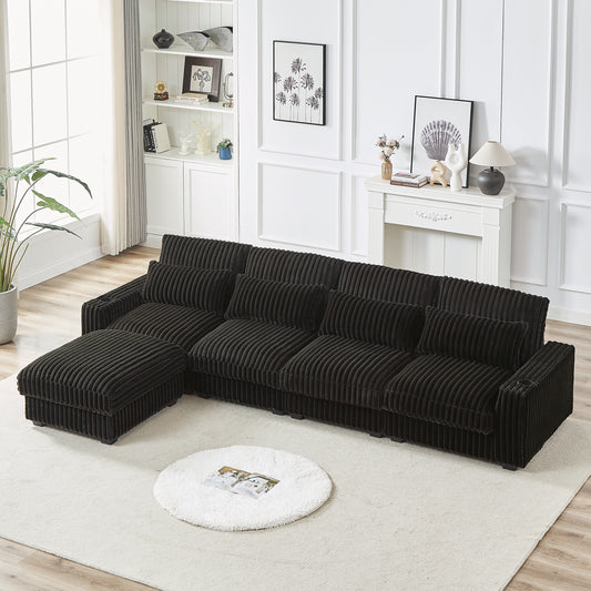 Dark gray corduroy sectional sofa with an ottoman plush cushions and modern design