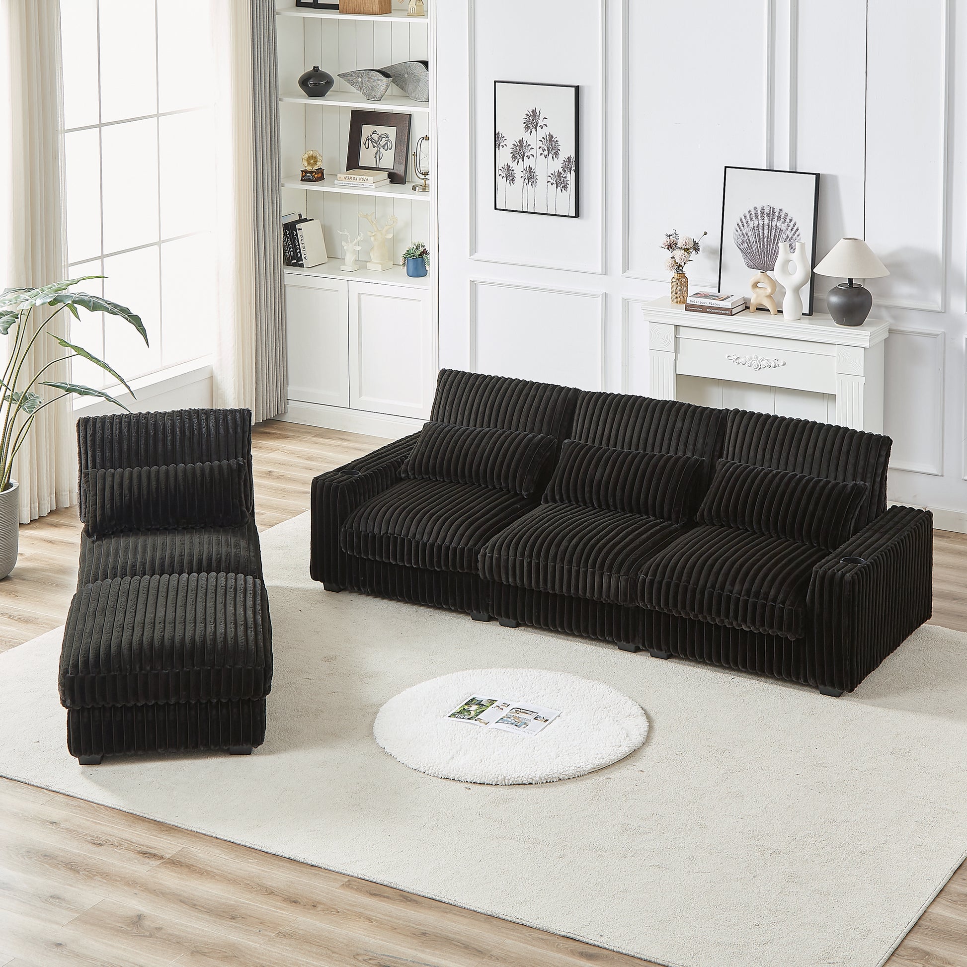 Luxurious dark brown corduroy sofa with plush cushions and matching ottoman perfect for modern living rooms