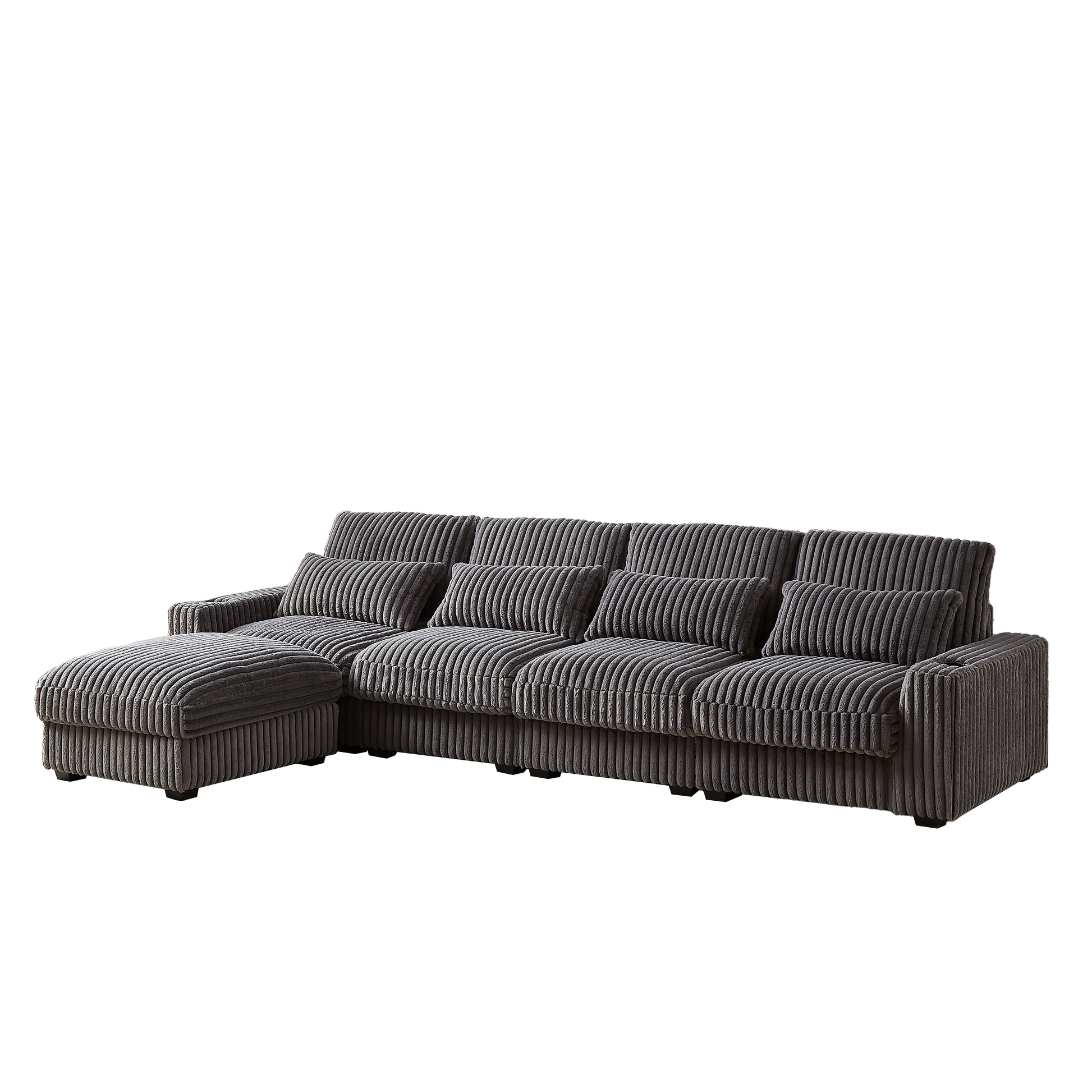 Plush grey corduroy sectional sofa with matching ottoman perfect for a cozy living room