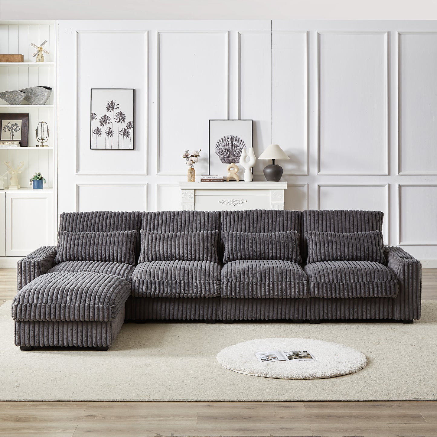Plush grey corduroy sectional sofa with chaise lounge offering ultimate comfort and style for living rooms