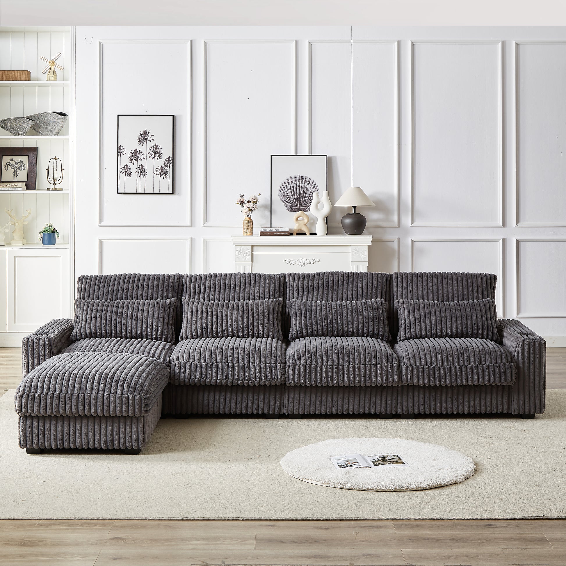 Plush grey corduroy sectional sofa with chaise lounge offering ultimate comfort and style for living rooms