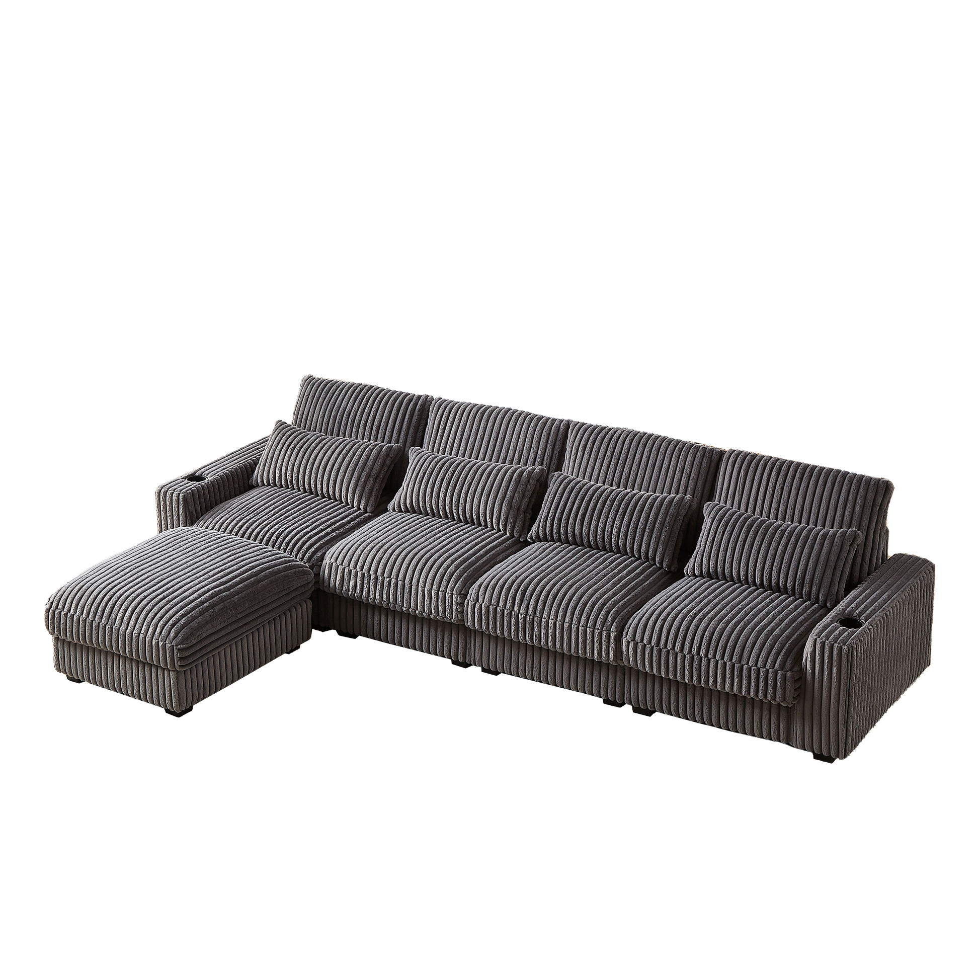 Grey corduroy sectional sofa with plush cushions and cup holders perfect for modern living rooms