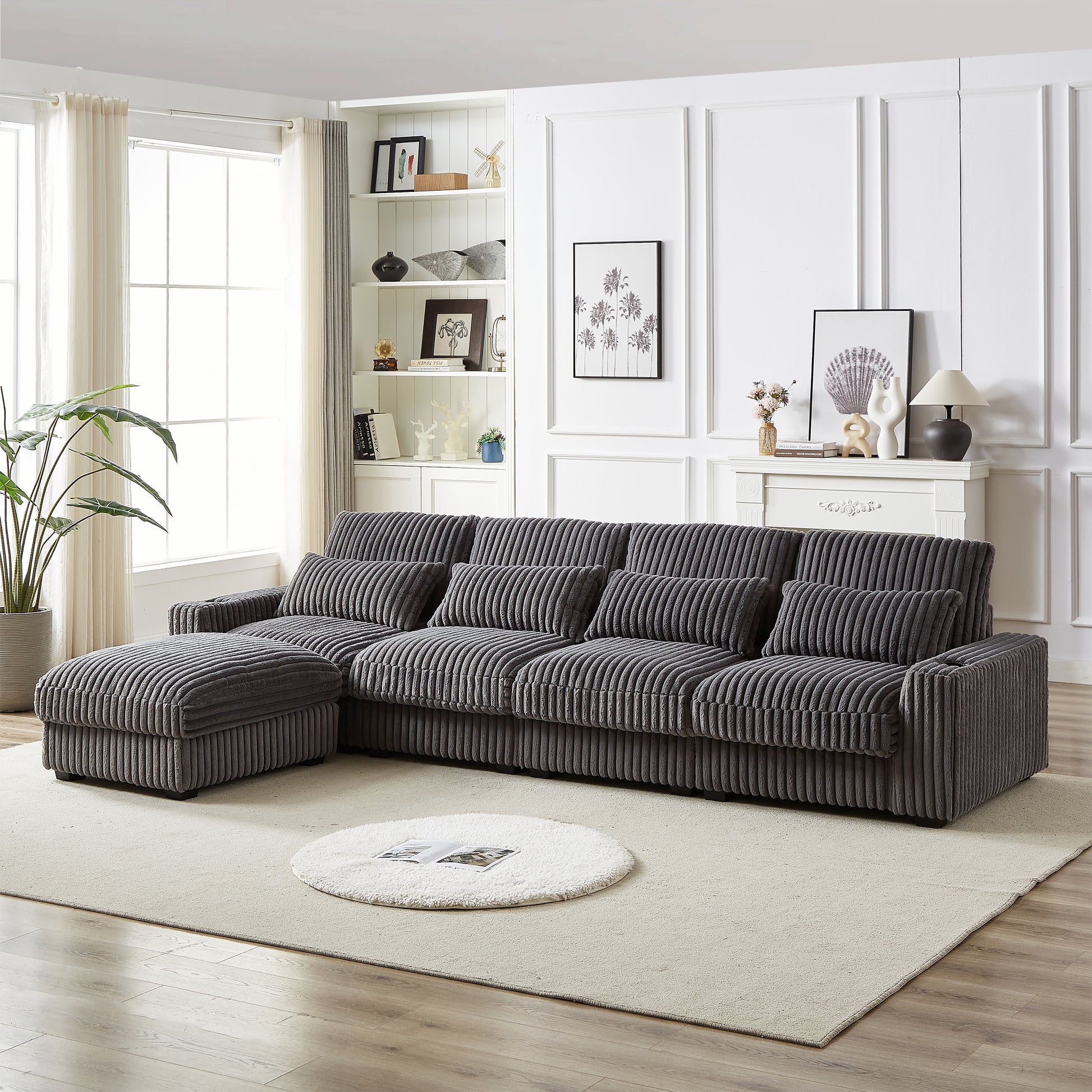 Dark gray corduroy sectional sofa with chaise lounge modern living room seating