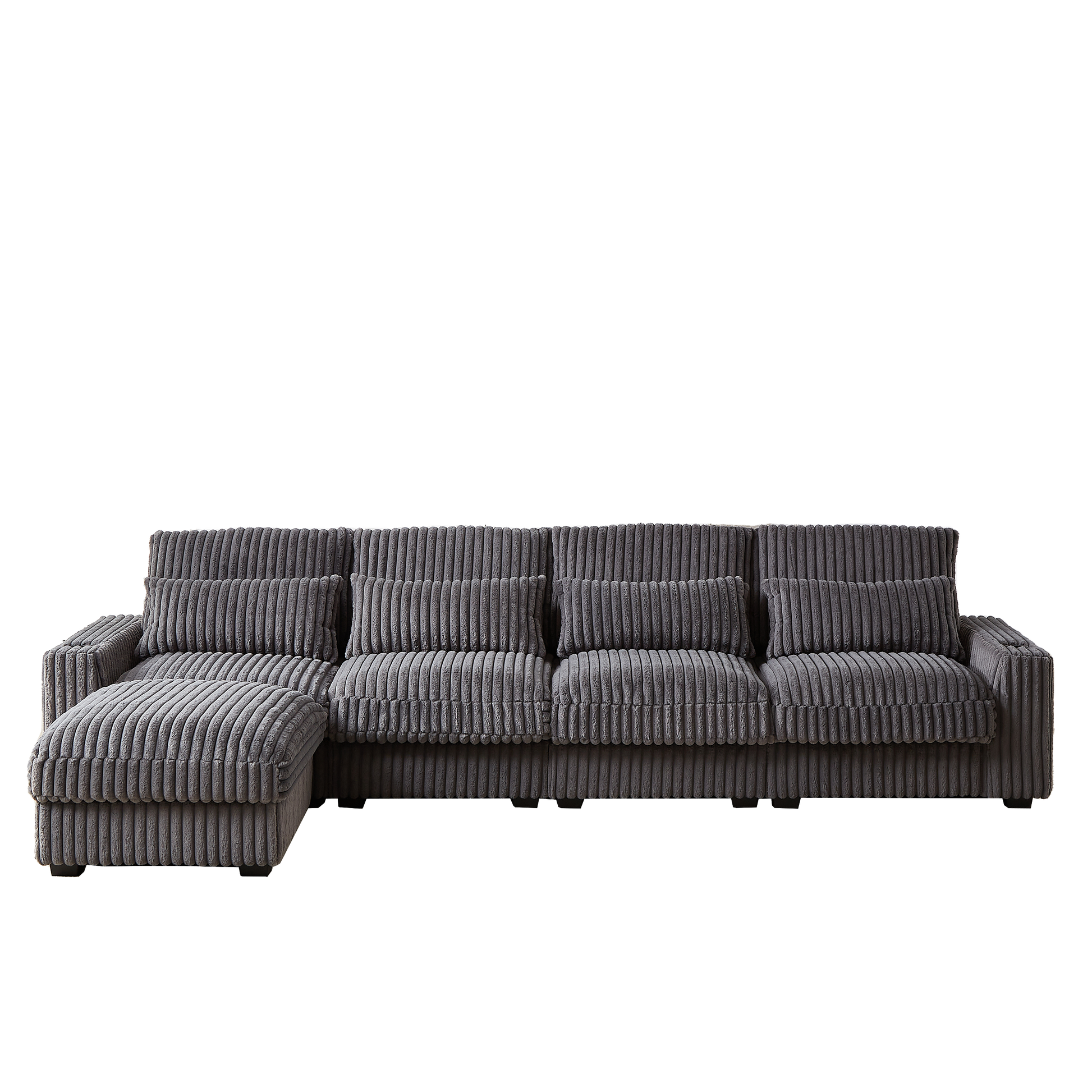 Grey corduroy sectional sofa with ottoman plush seating for living room