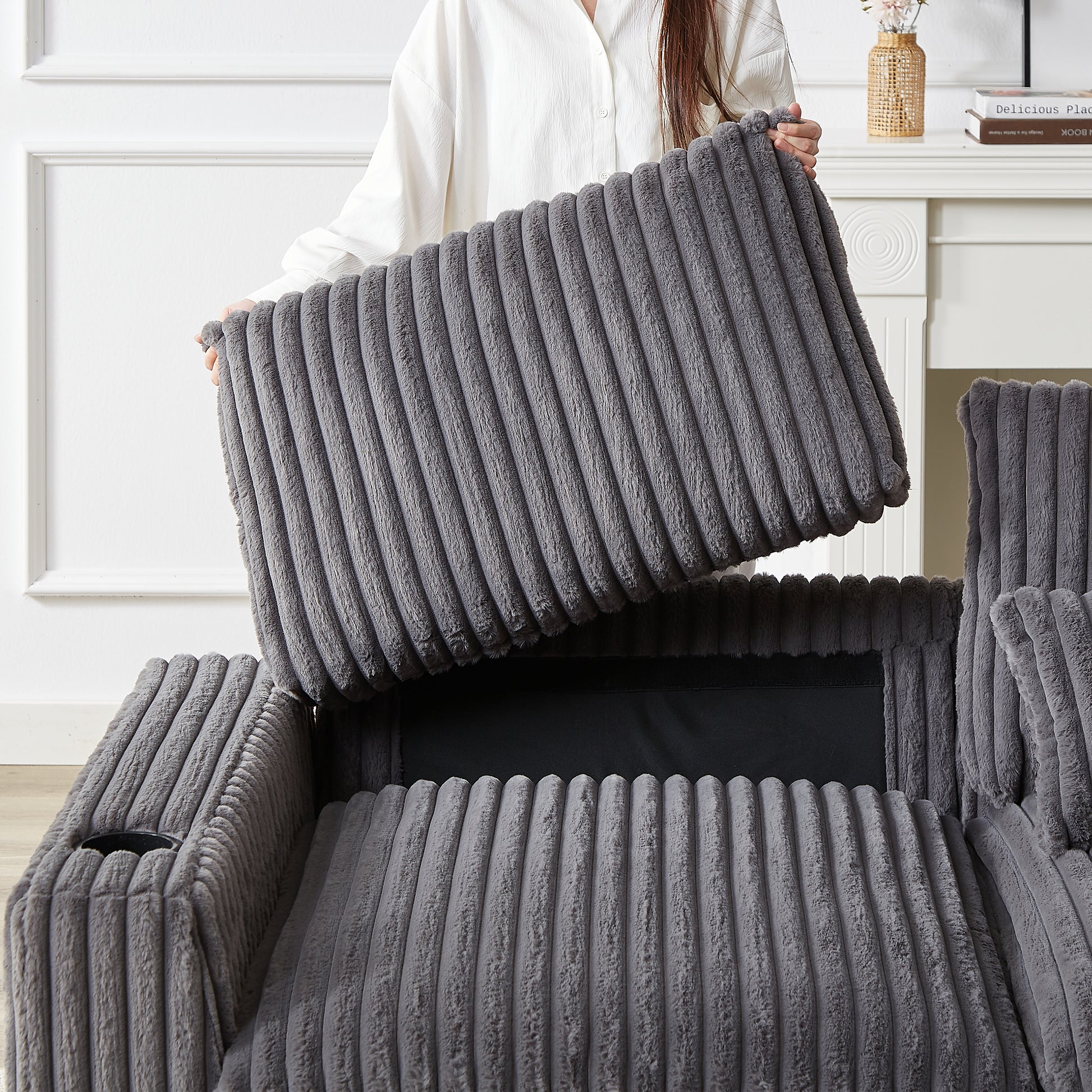 Plush corduroy grey sofa pillow cushion with soft texture and ribbed design