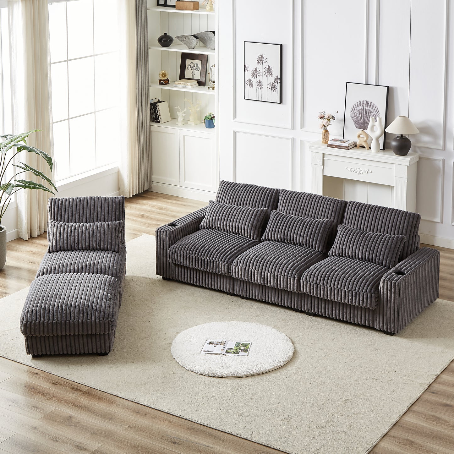 Plush grey corduroy sectional sofa with chaise lounge for modern living rooms