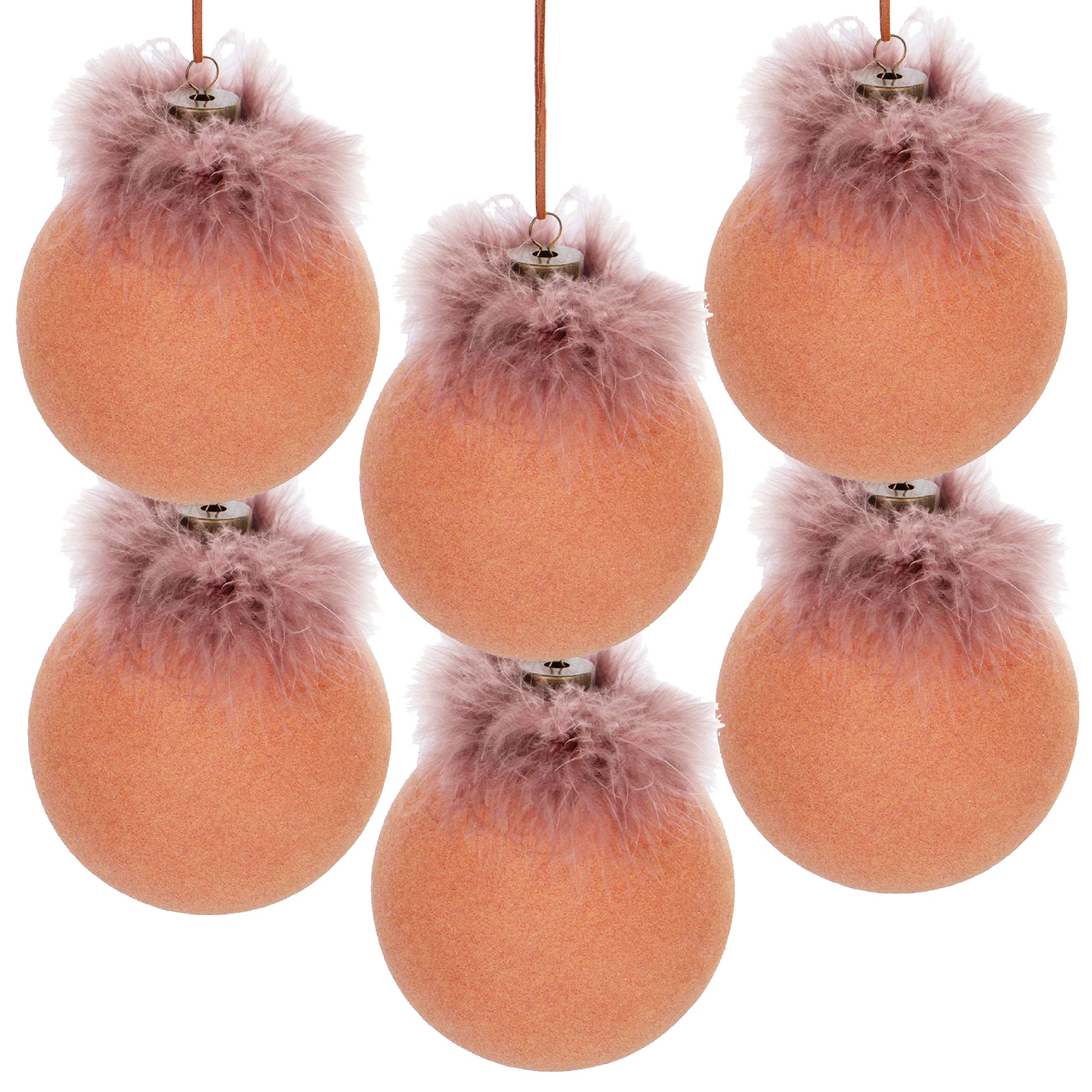 Peach velvet bauble Christmas ornament with delicate feather trim