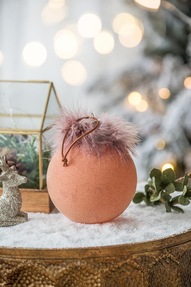 Peach velvet Christmas bauble with fluffy trim and leather tie