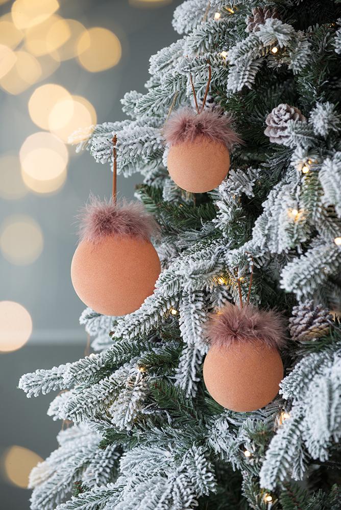 Peach fuzzy Christmas baubles with faux fur trim elegant tree ornaments