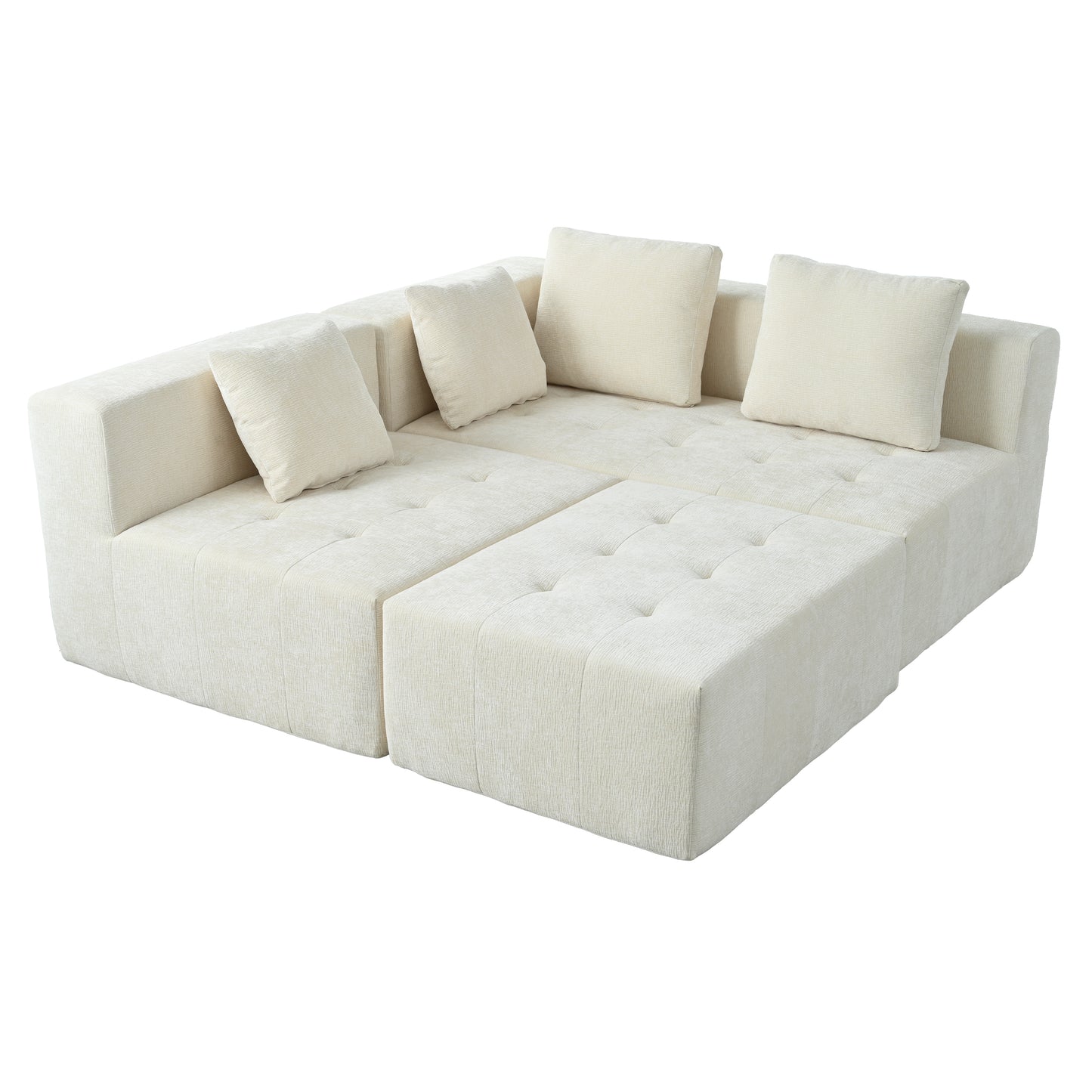 Cream fabric sectional sofa with plush cushions and tufted ottomans for modern living rooms