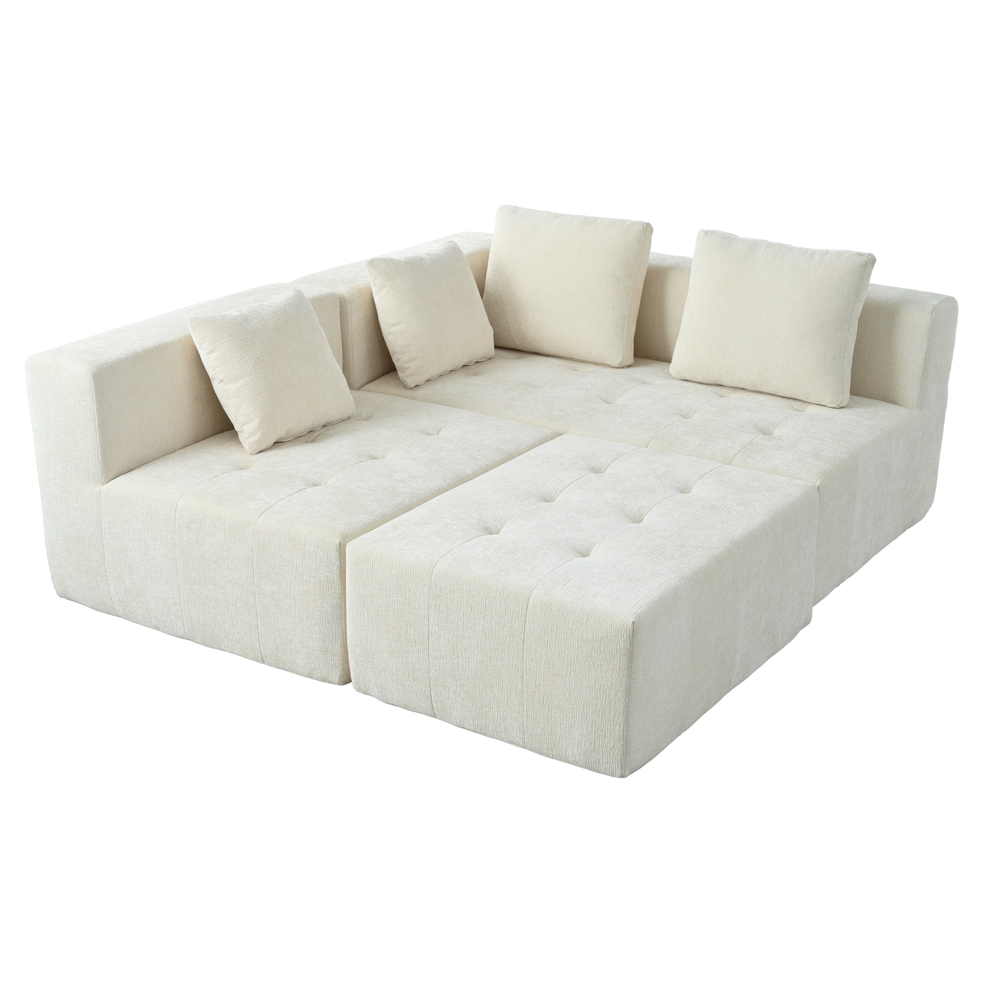 Cream fabric sectional sofa with plush cushions and tufted ottomans for modern living rooms