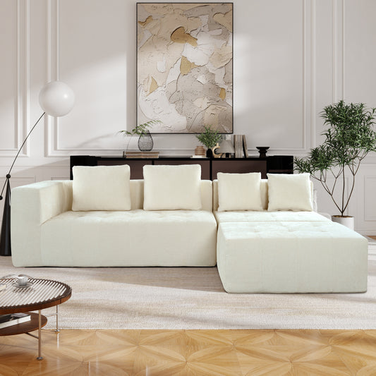 Plush ivory sectional sofa with textured fabric and square throw pillows ideal for modern living rooms