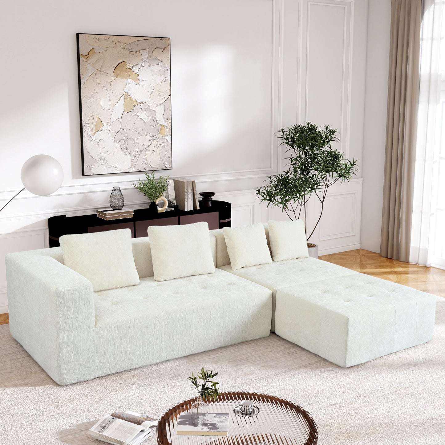 Cream boucle fabric sectional sofa with plush cushions perfect for modern living rooms